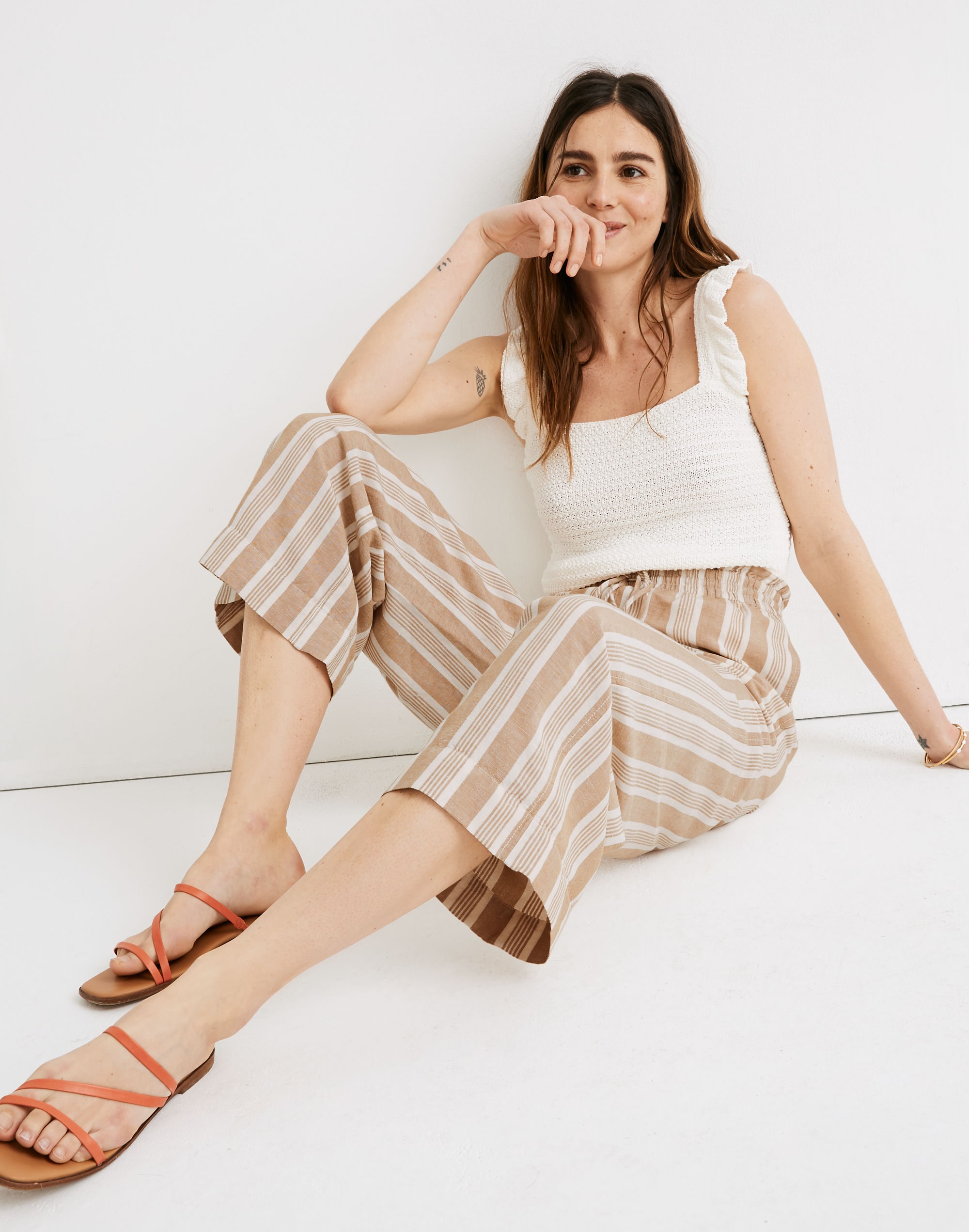 Smocked Huston Pull-On Crop Pants in Stripe