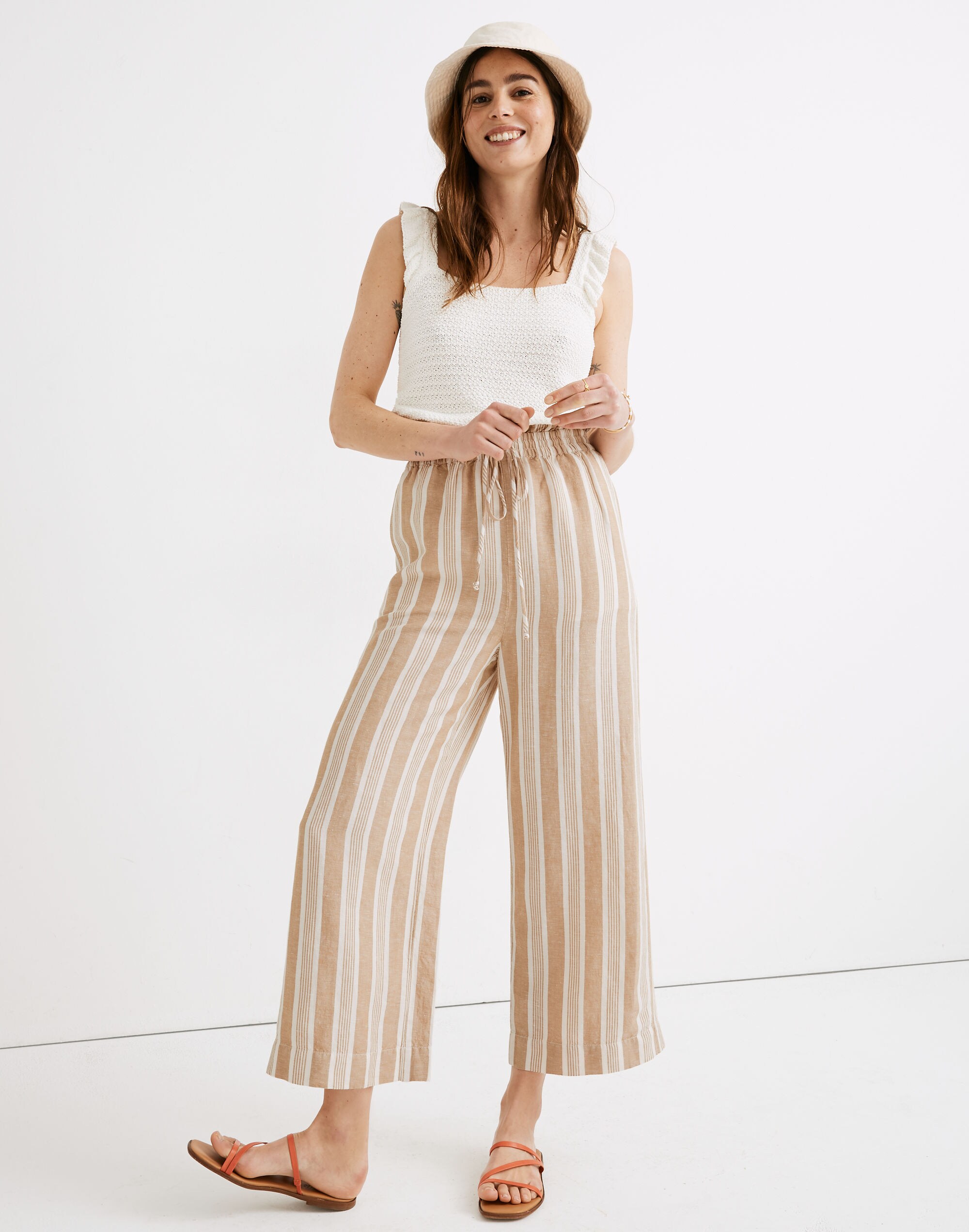 Smocked Huston Pull-On Crop Pants in Stripe