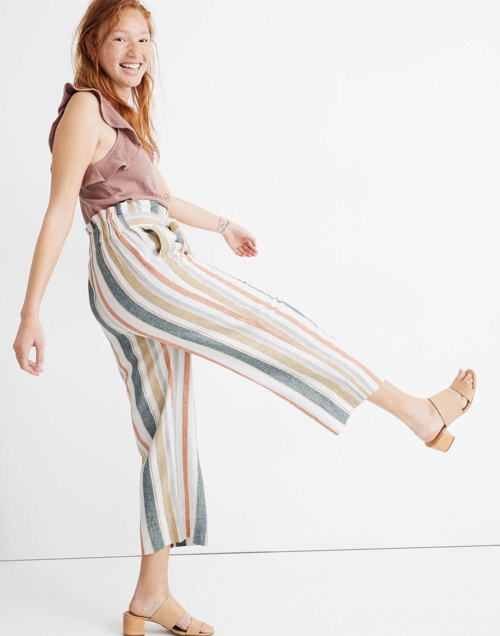 Tie-Waist Huston Pull-On Crop Pants in Stripe
