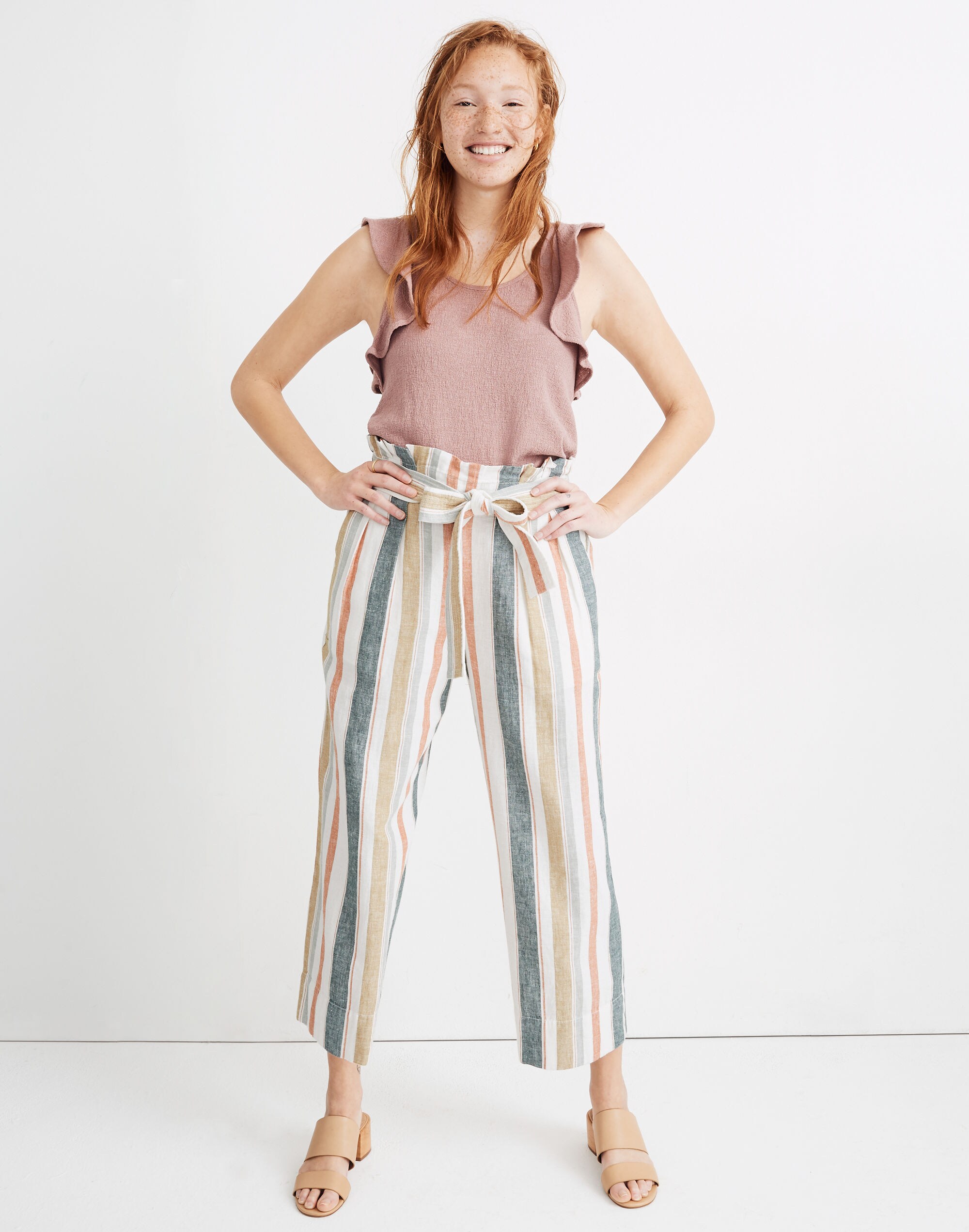 Tie-Waist Huston Pull-On Crop Pants in Stripe