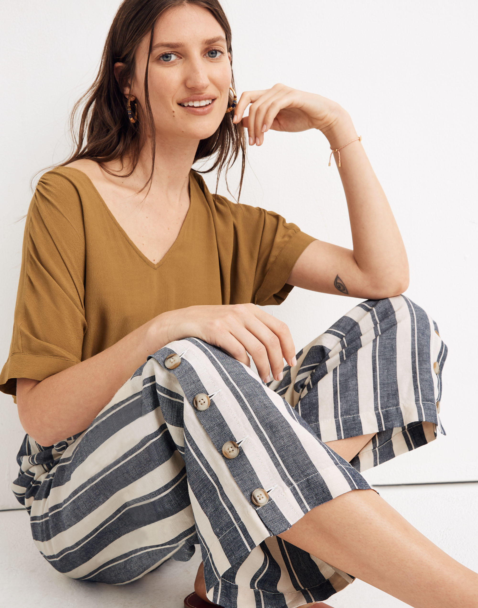 Side-Button Huston Pull-On Crop Pants in Indigo Stripe
