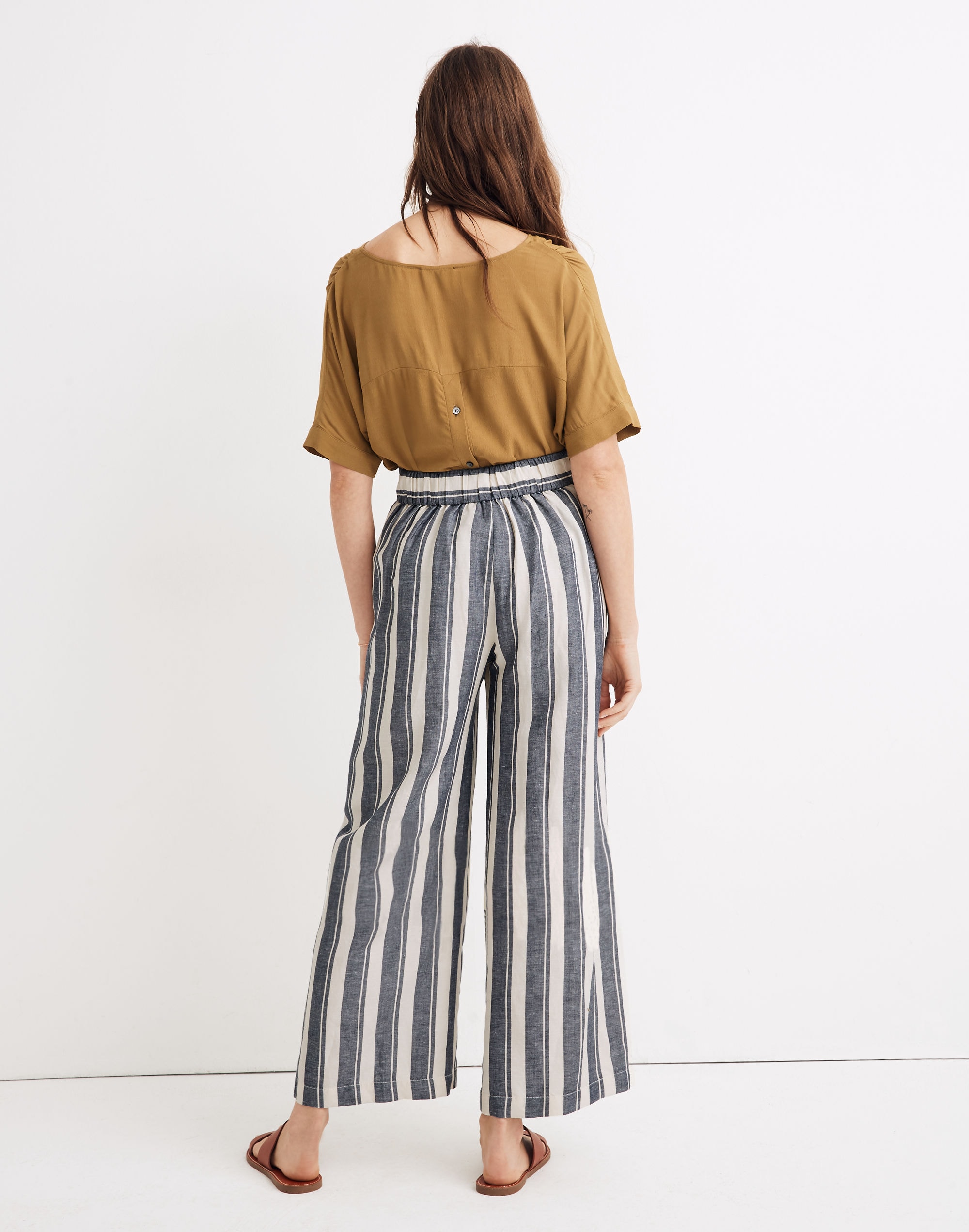 Side-Button Huston Pull-On Crop Pants in Indigo Stripe