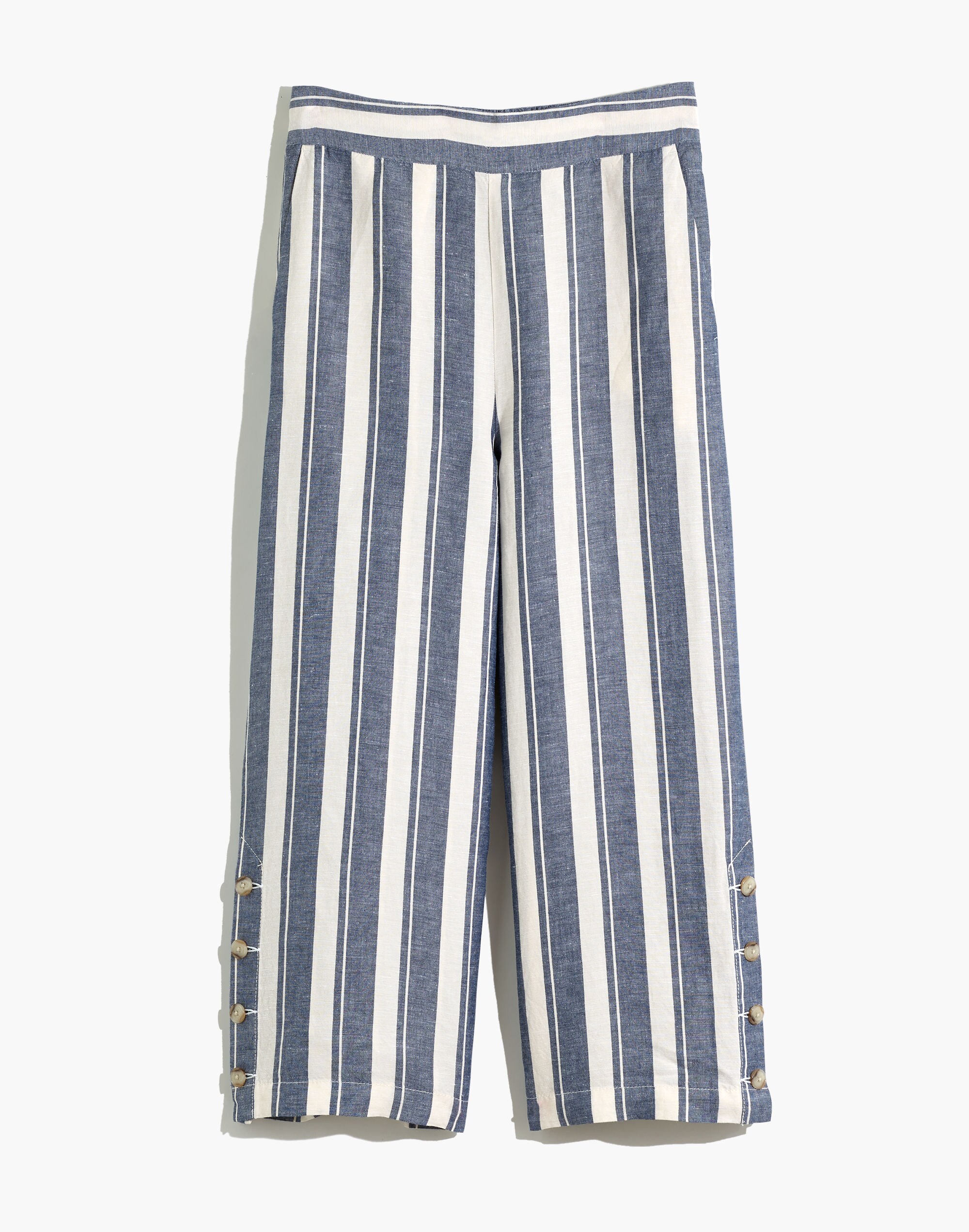 Side-Button Huston Pull-On Crop Pants in Indigo Stripe