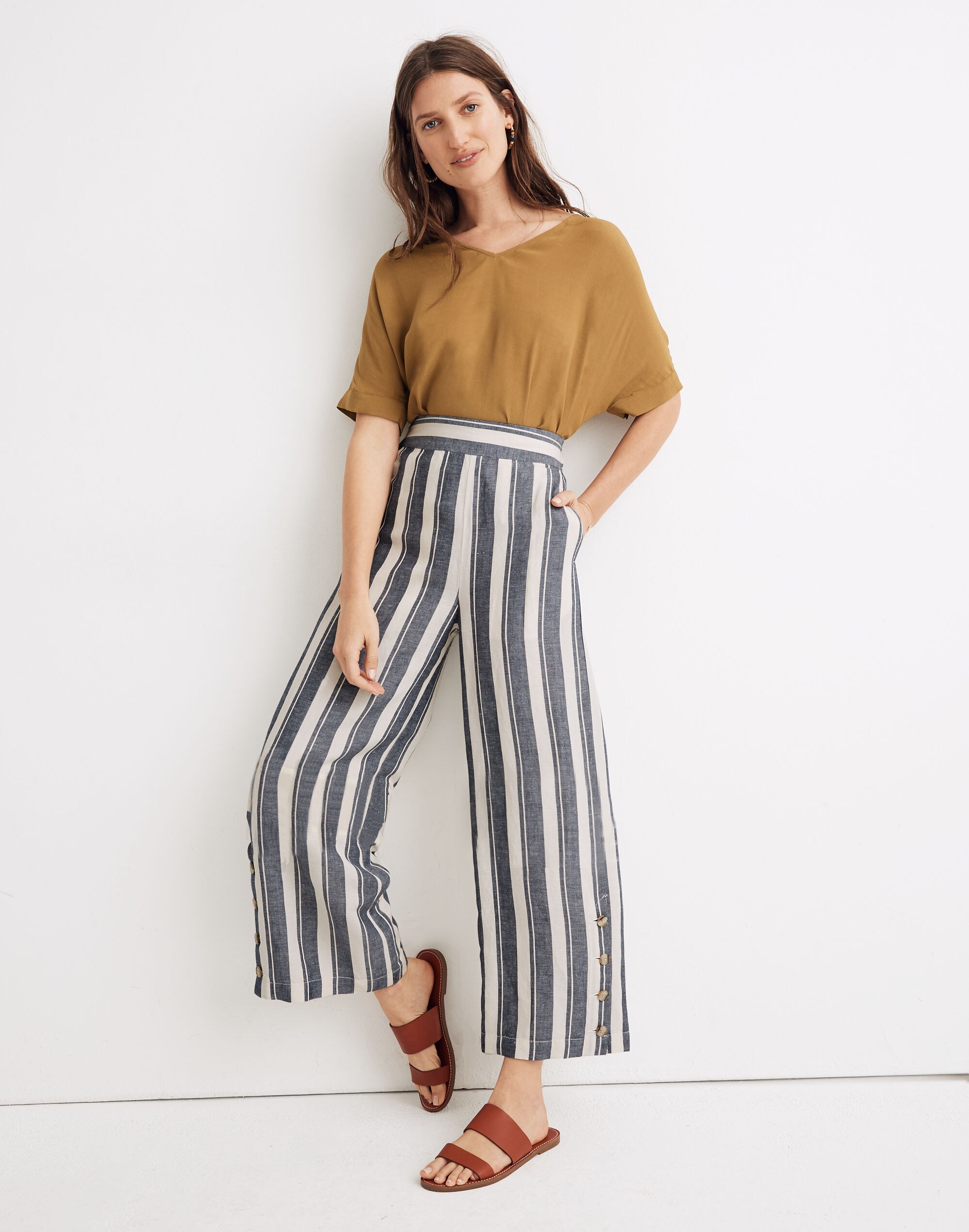 Side-Button Huston Pull-On Crop Pants in Indigo Stripe
