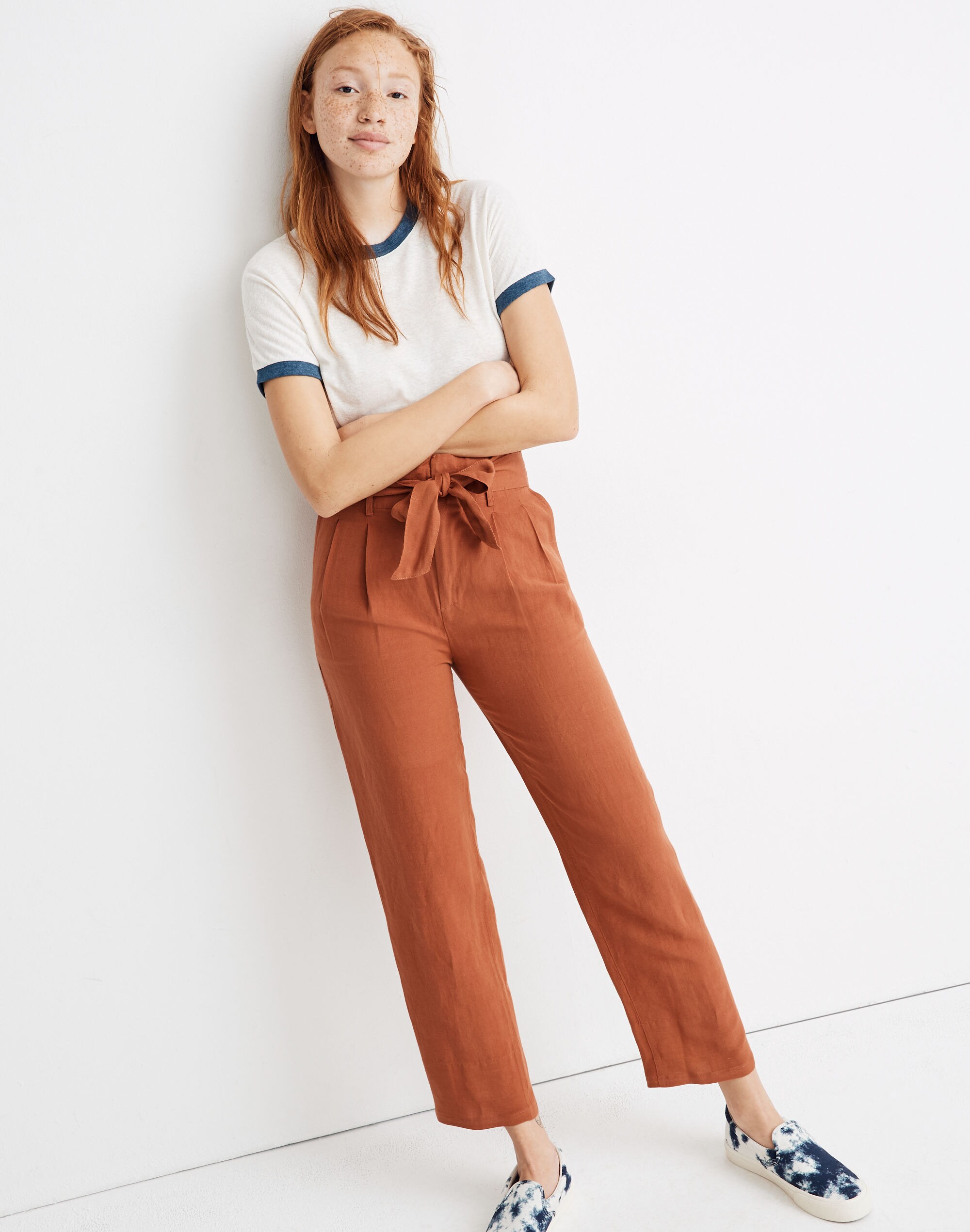 Linen-Blend Paperbag Pants