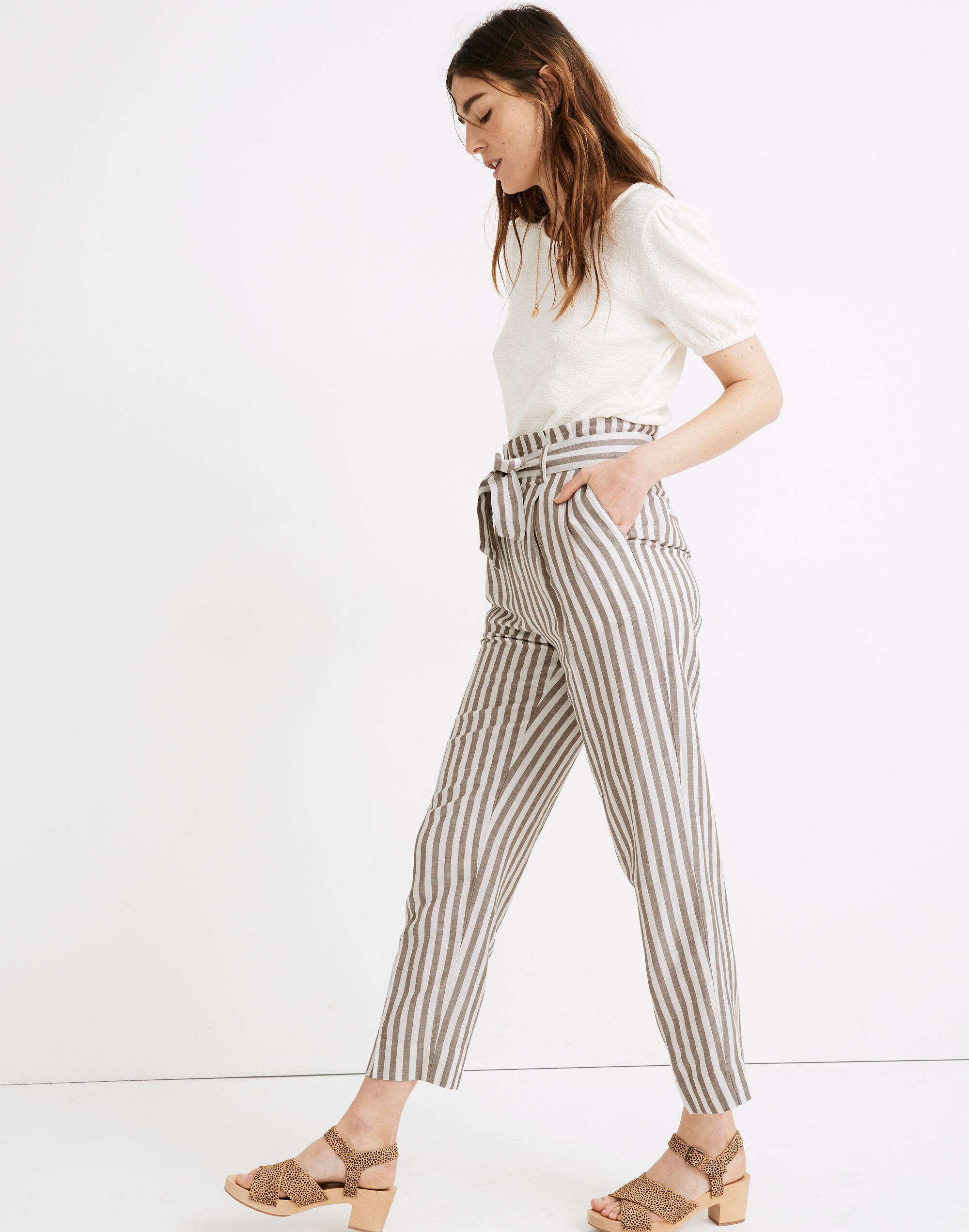 Striped Linen-Blend Paperbag Pants