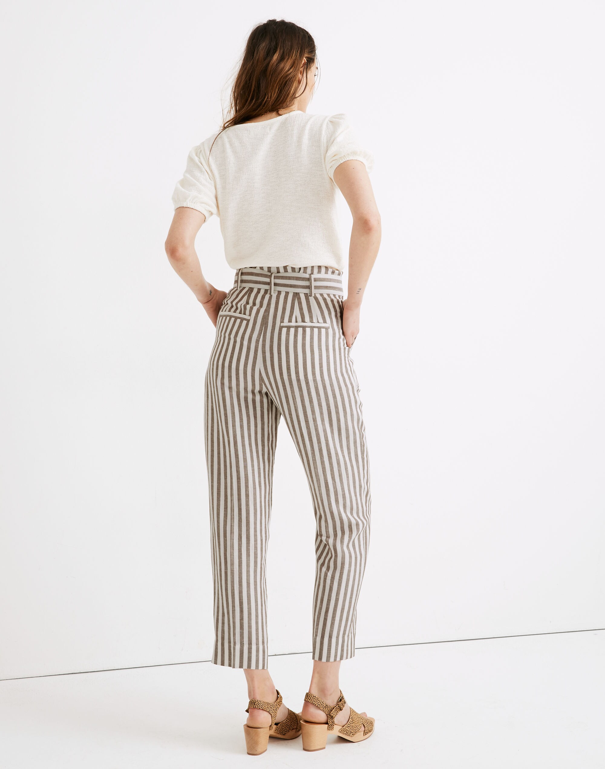 Striped Linen-Blend Paperbag Pants