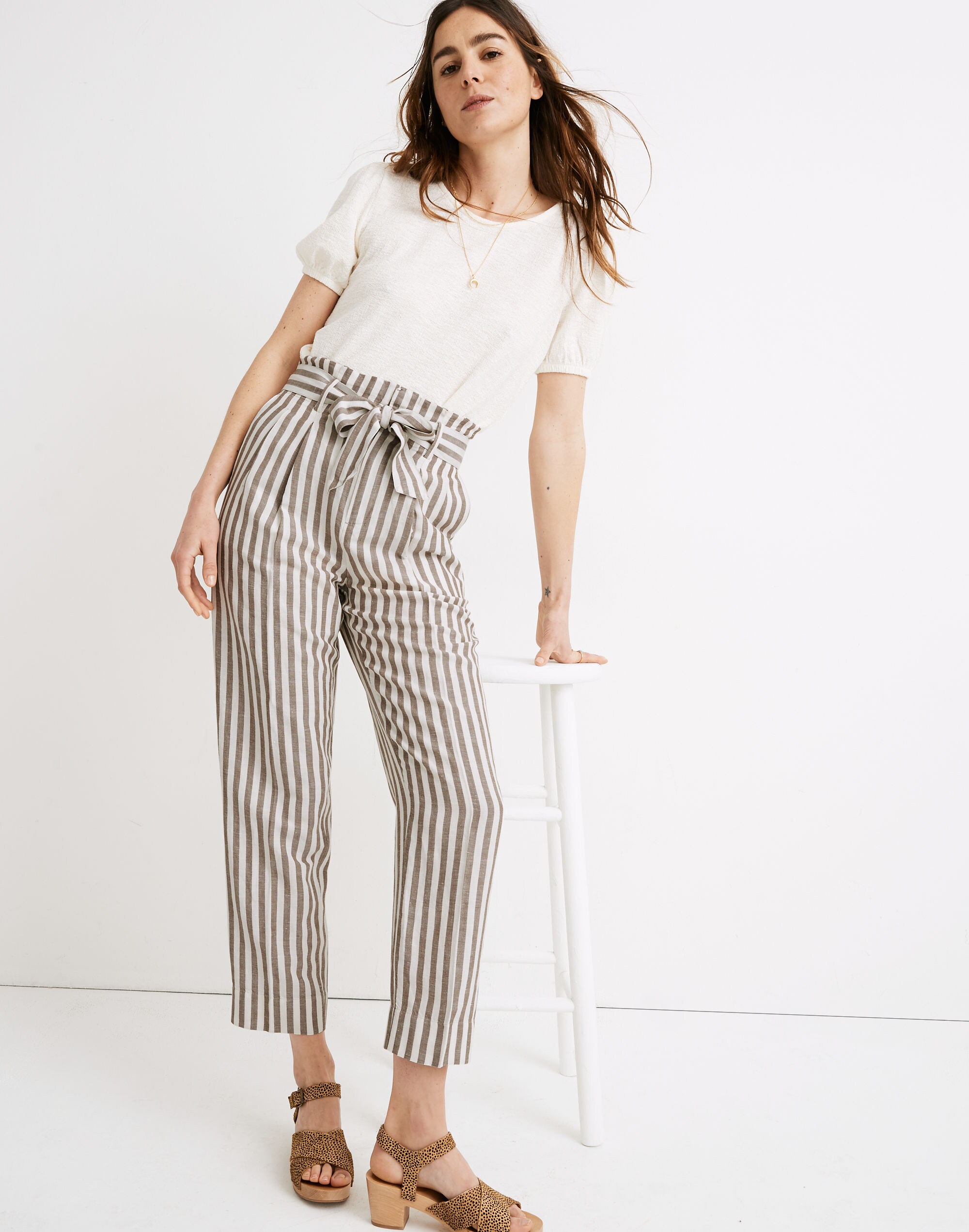 Striped Linen-Blend Paperbag Pants