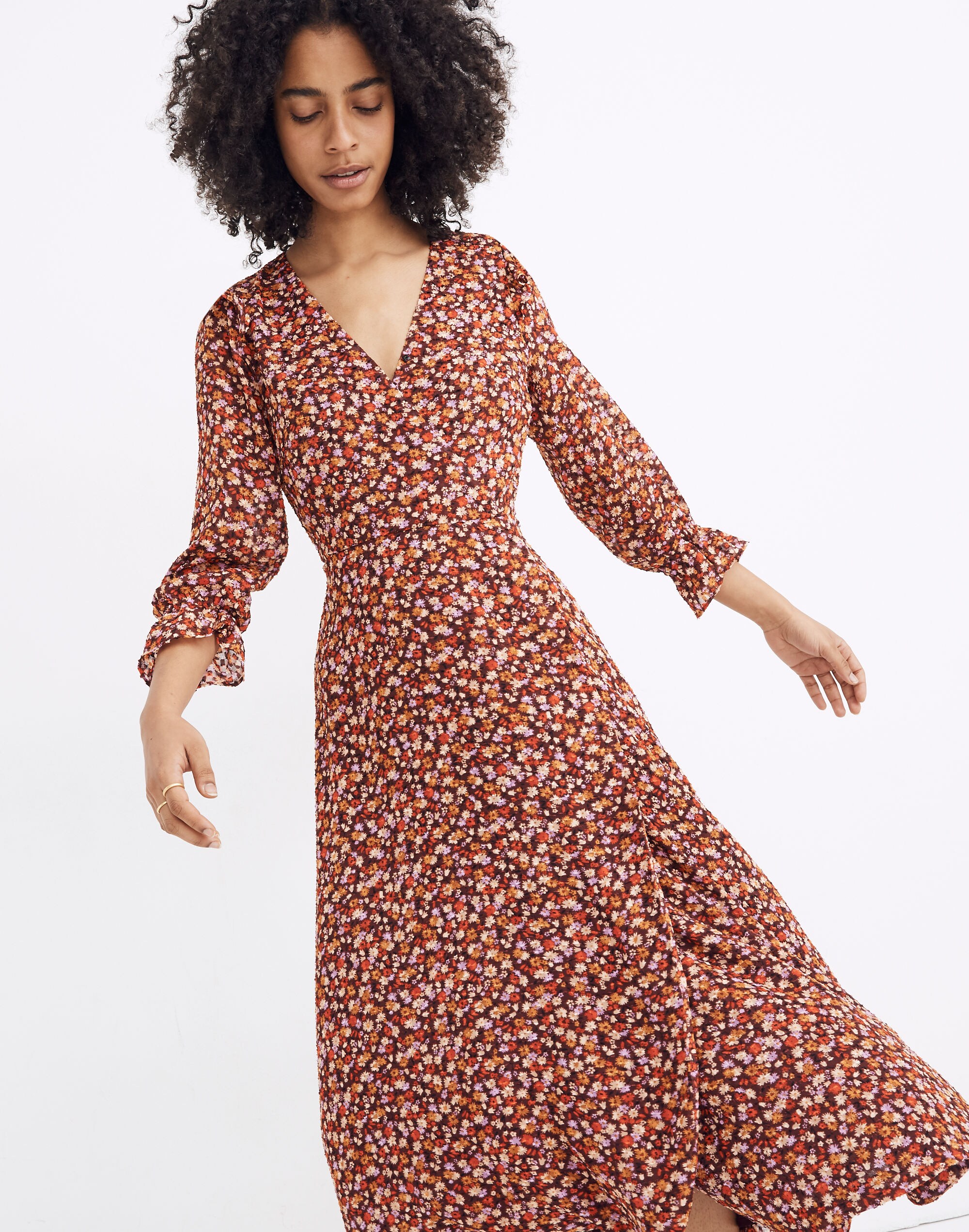 Petite Long-Sleeve Crossover Midi Dress in Clipdot Spring Prairie