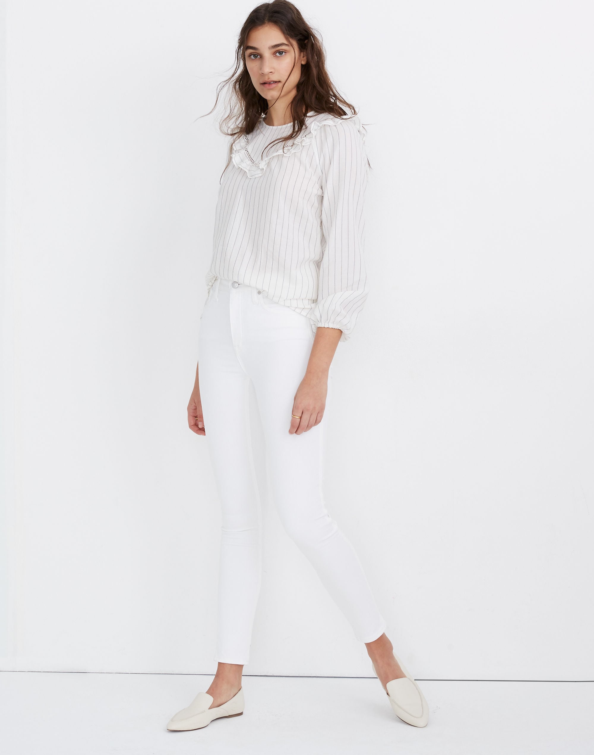 Ruffle-Yoke Prairie Top in Pinstripe