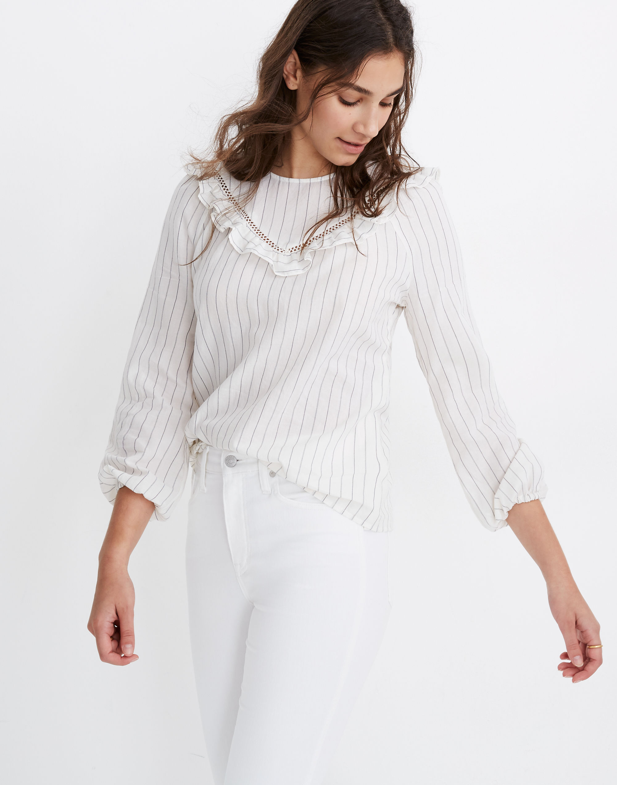 Ruffle-Yoke Prairie Top in Pinstripe