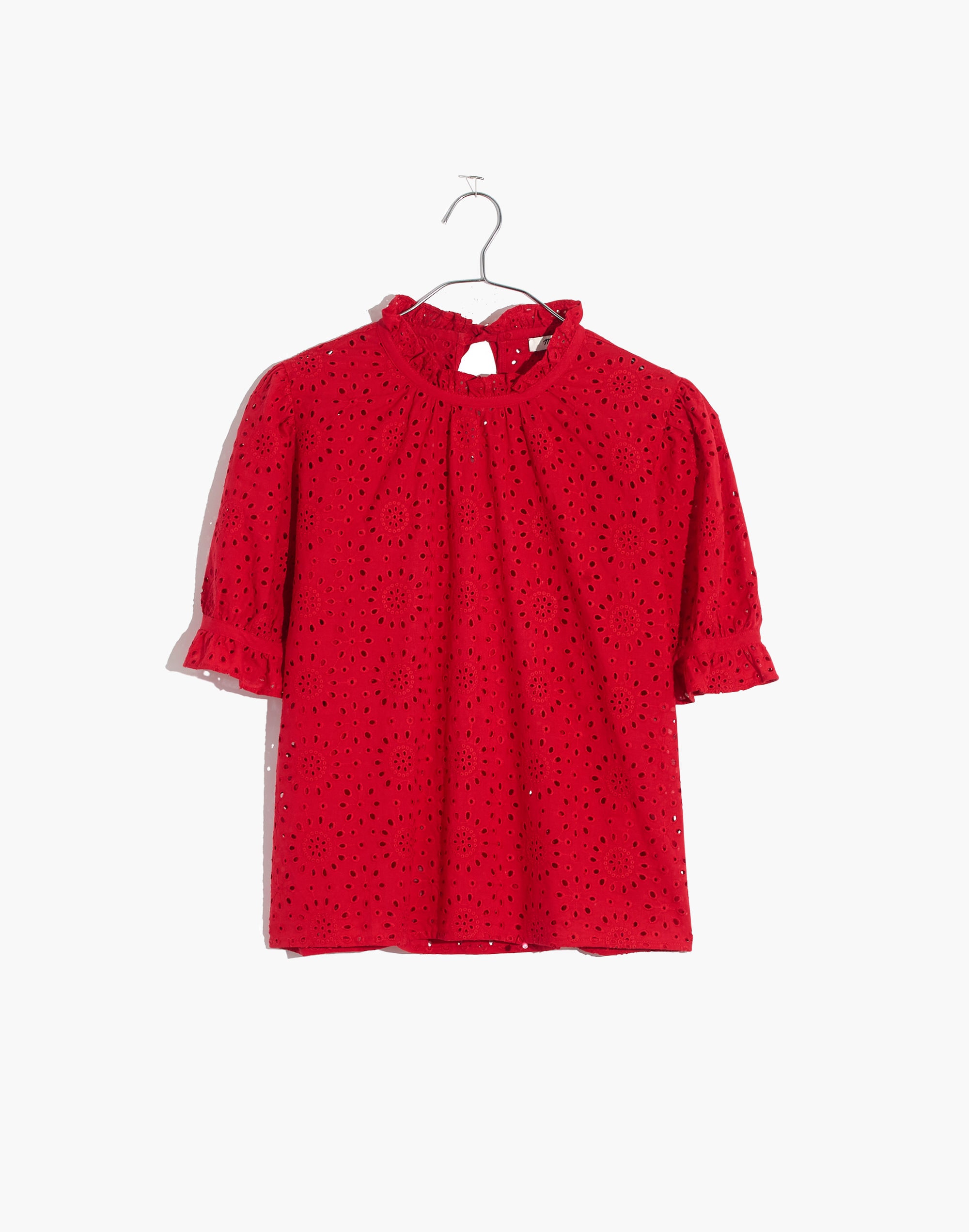 Embroidered Eyelet Ruffle-Neck Keyhole Top