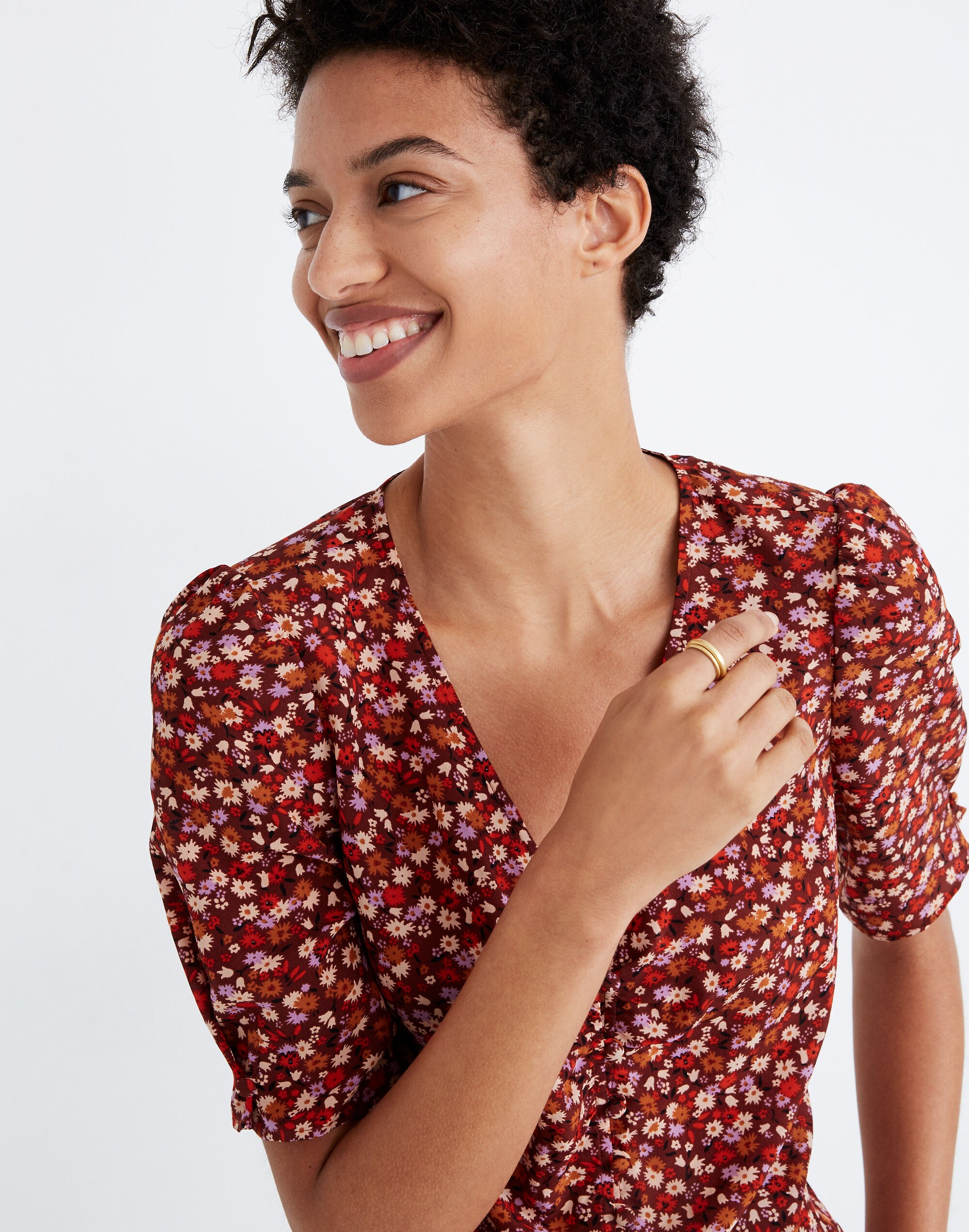 Silk Button-Sleeve Top in Spring Prairie