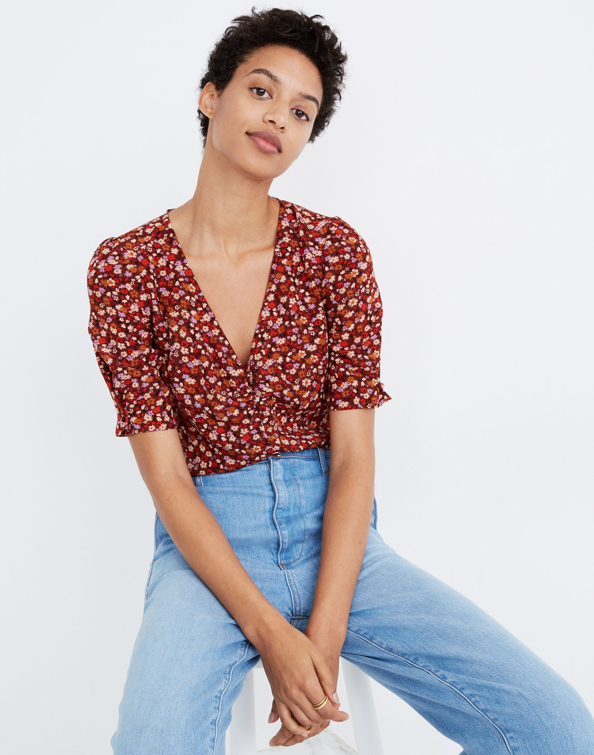 silk button-sleeve top in spring prairie