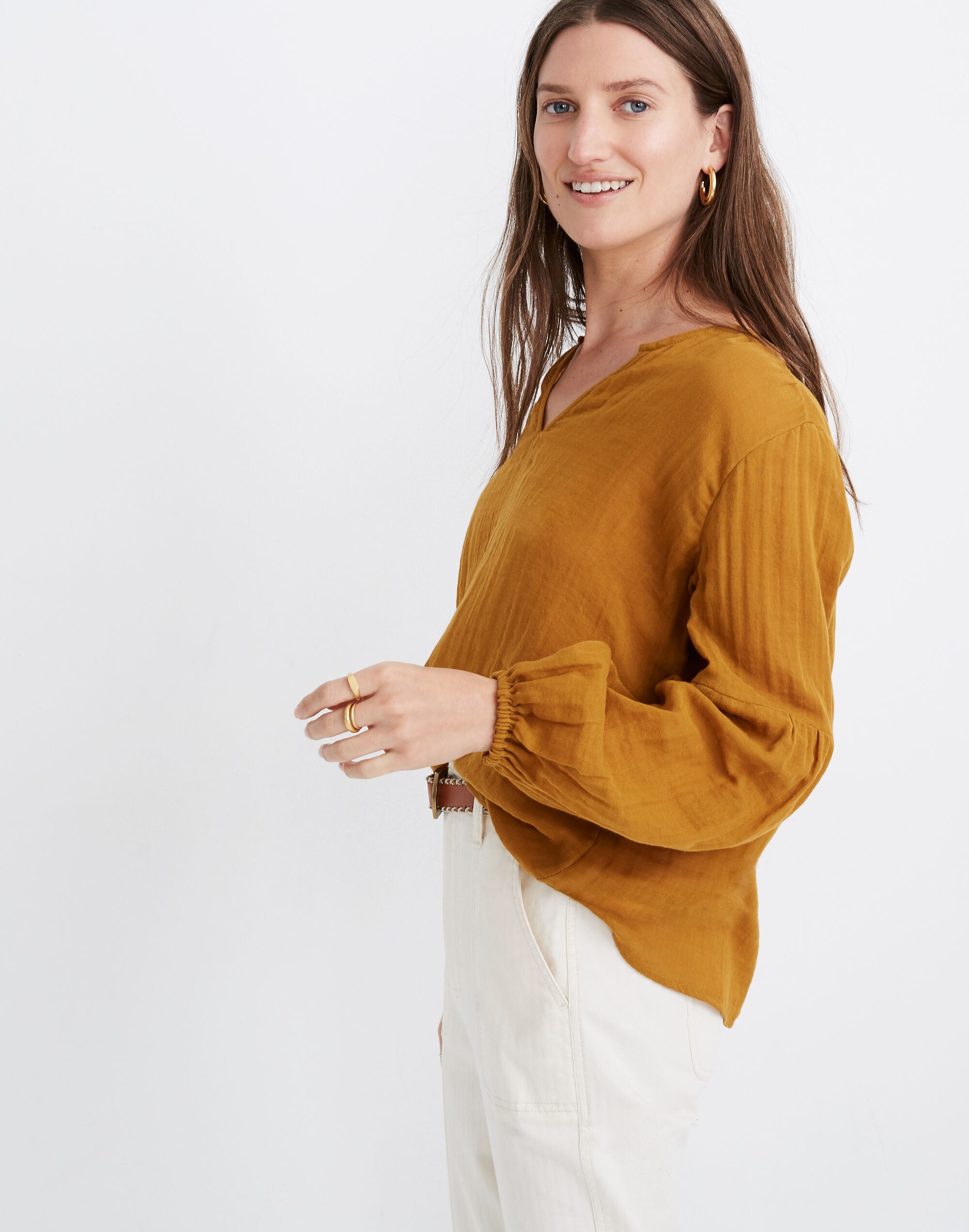 Shirred-Neck Balloon-Sleeve Top