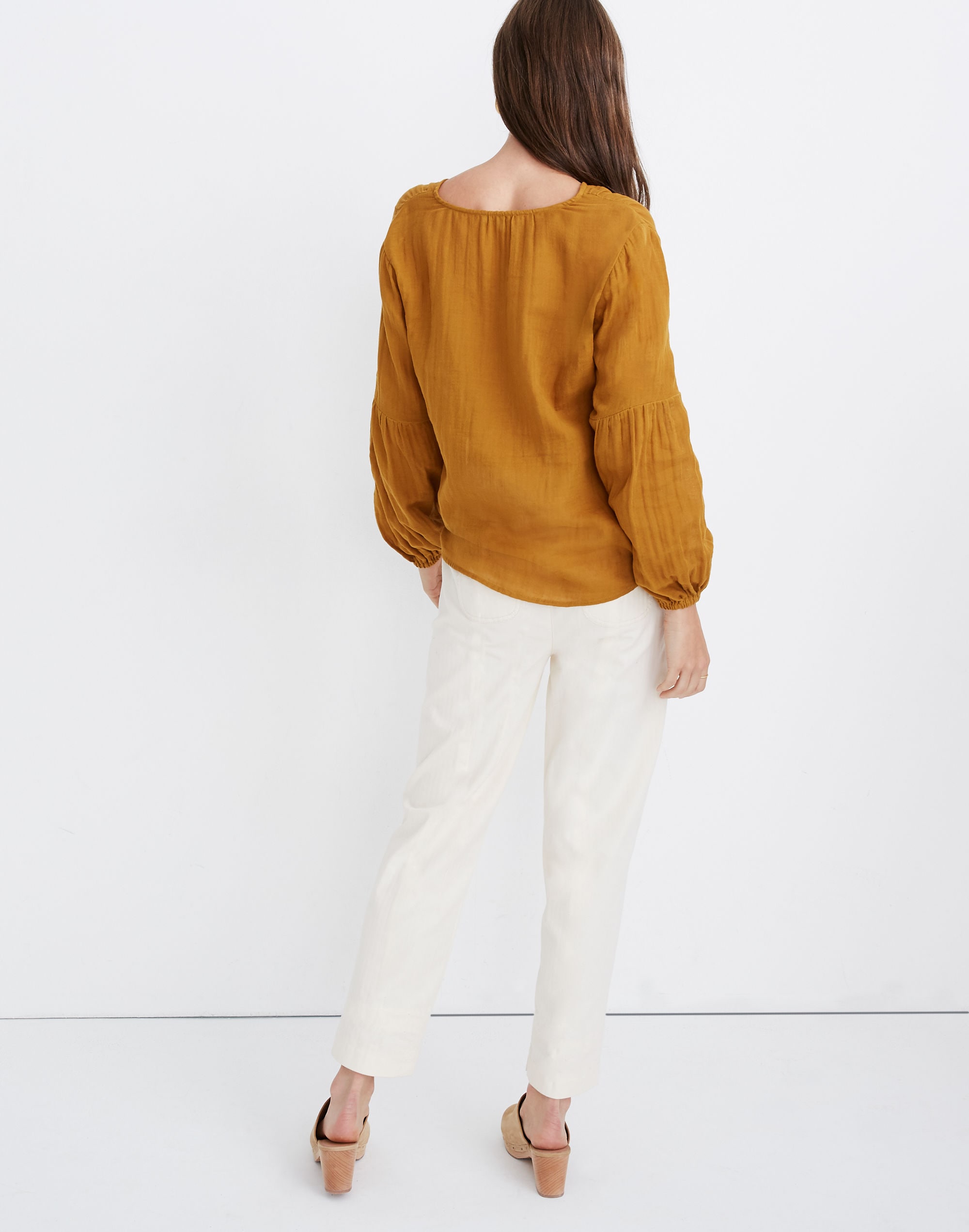 Shirred-Neck Balloon-Sleeve Top