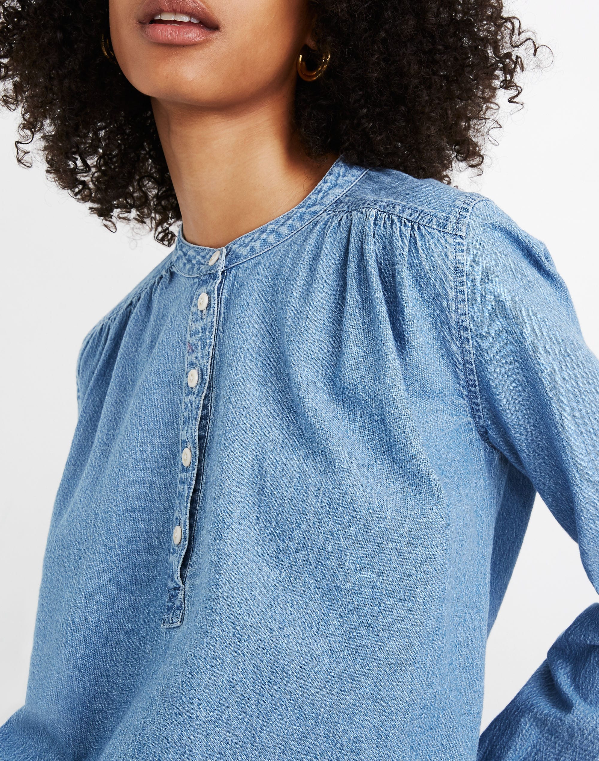Denim Shirred Popover Top in Emmie Wash