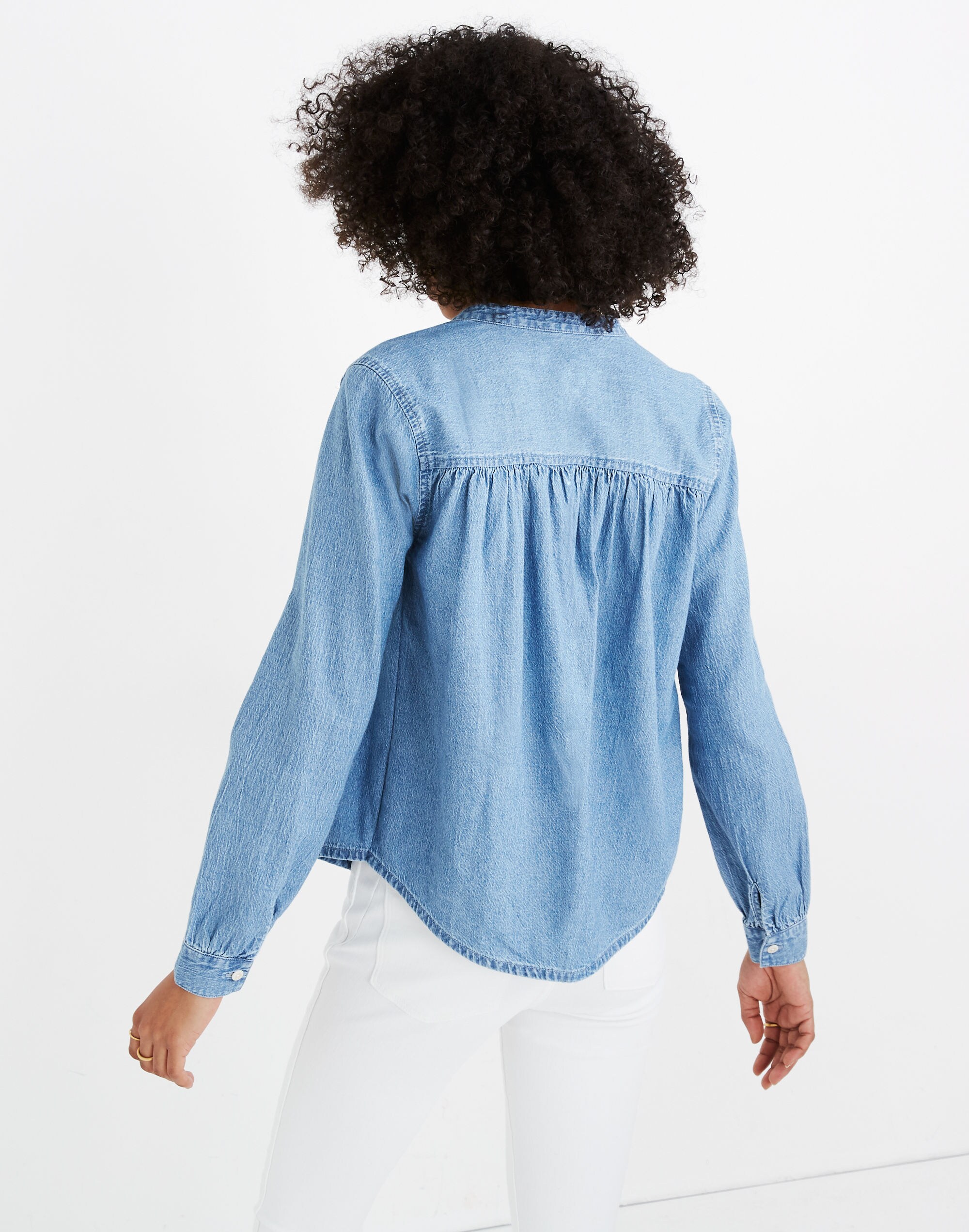 Denim Shirred Popover Top in Emmie Wash