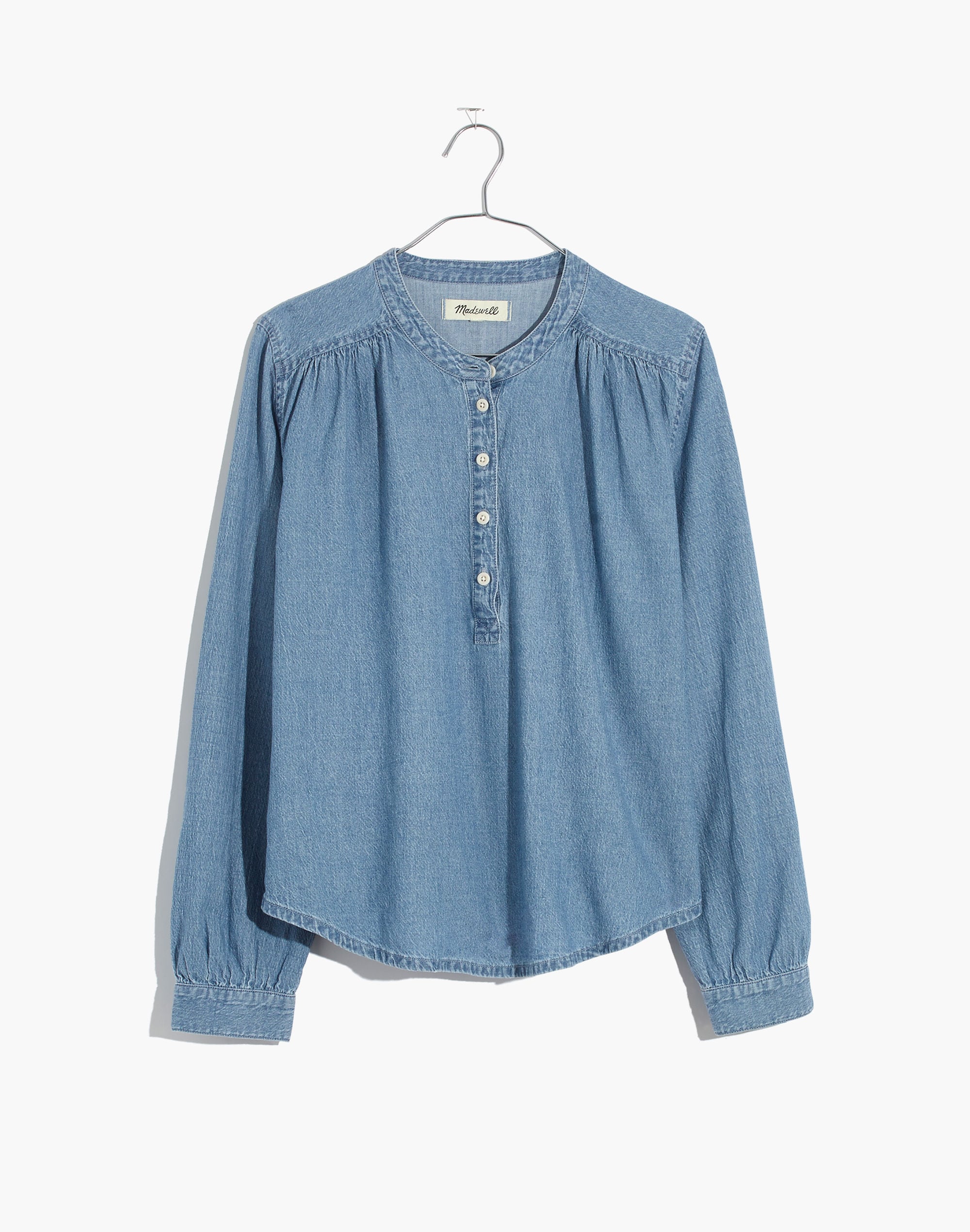 Denim Shirred Popover Top in Emmie Wash