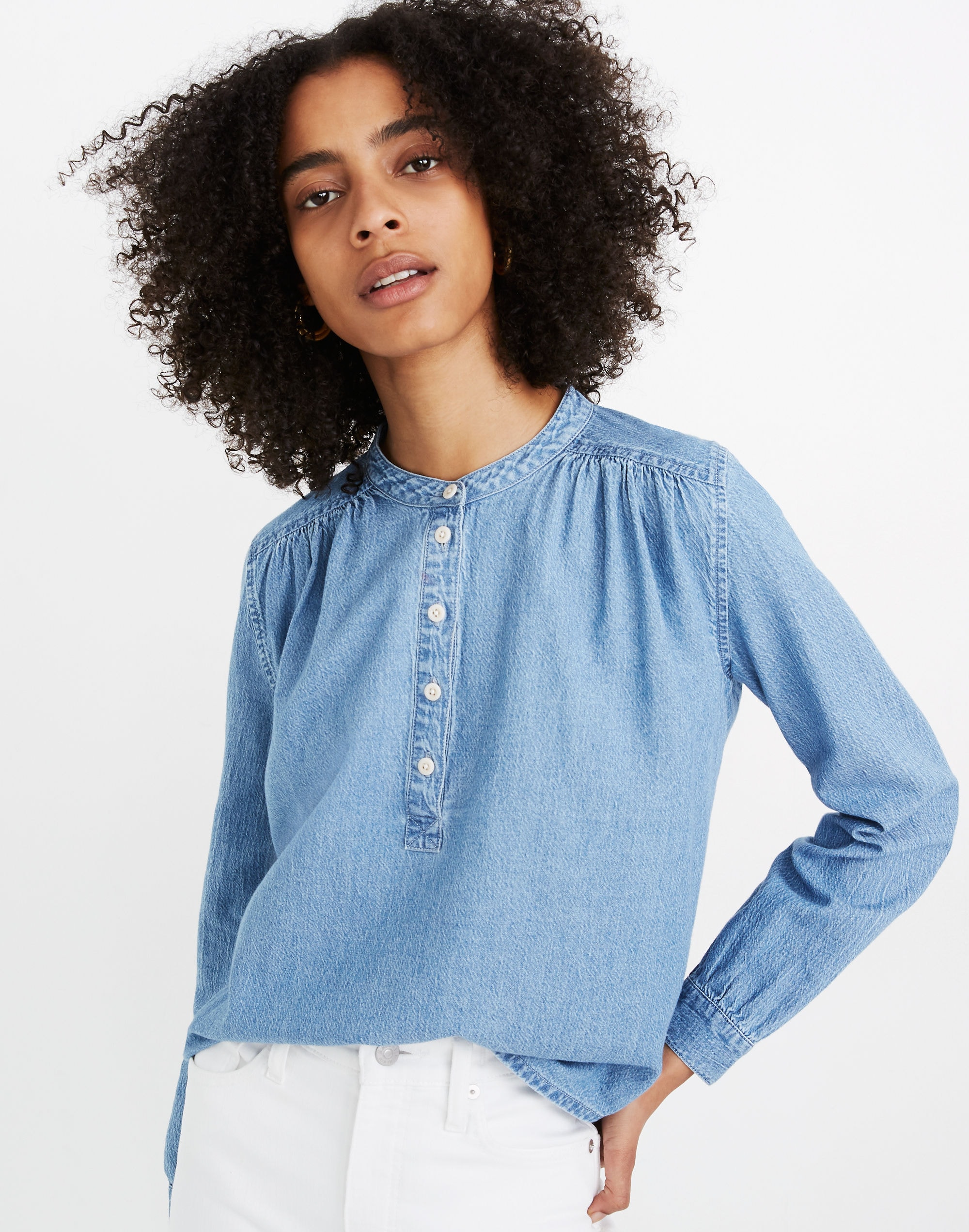 Denim Shirred Popover Top in Emmie Wash