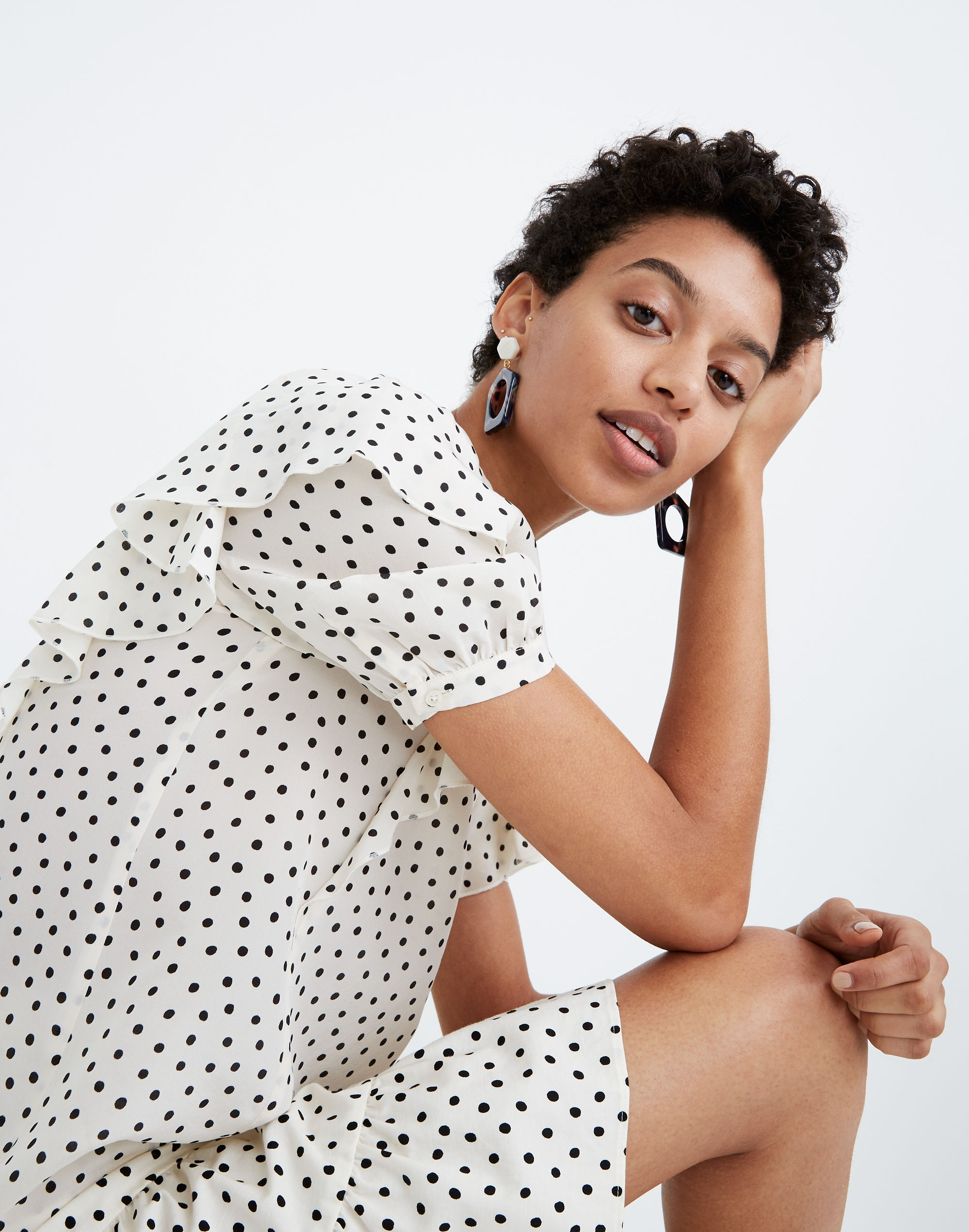 Silk V-Neck Shoulder-Ruffle Top in Inkbrush Dots