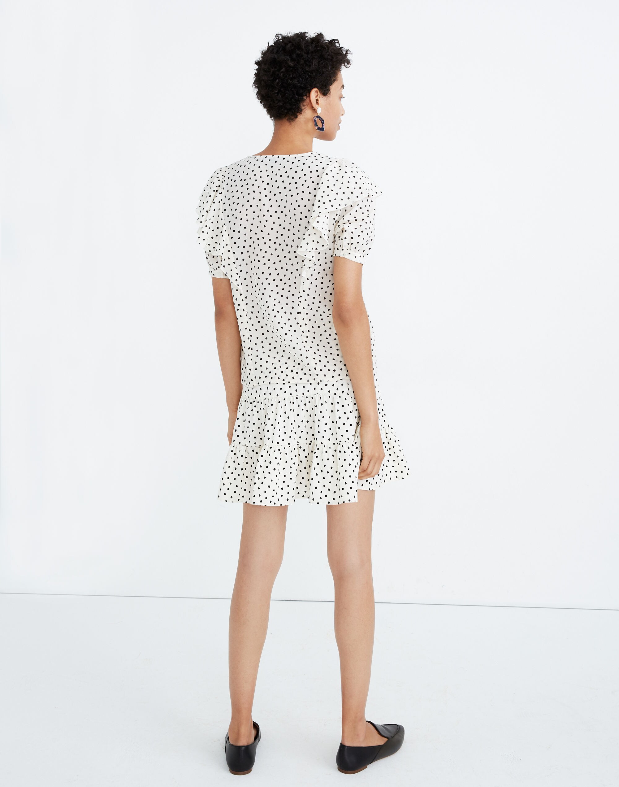 Silk V-Neck Shoulder-Ruffle Top in Inkbrush Dots