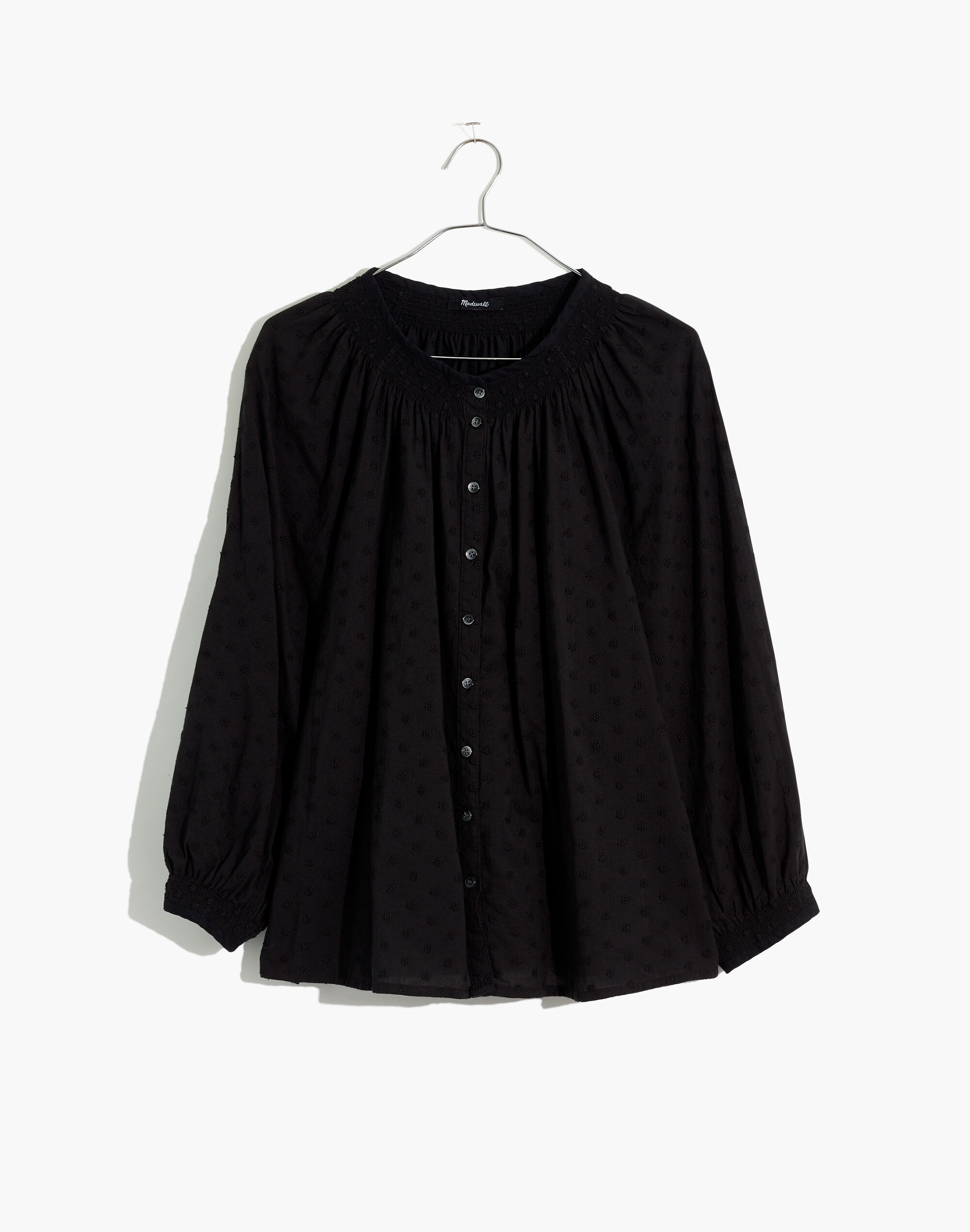 Floral Embroidered Smocked-Neck Raglan Top