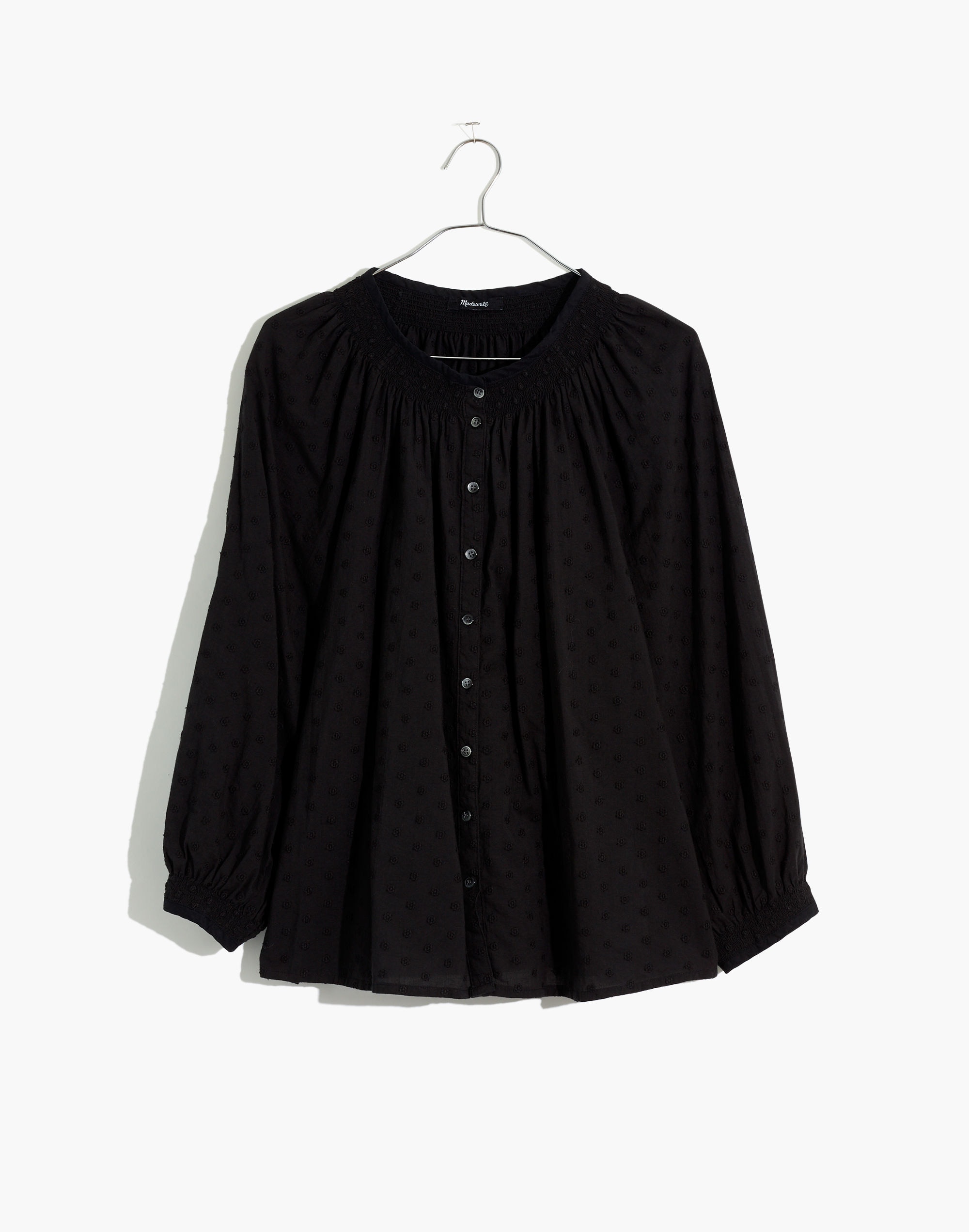 floral embroidered smocked-neck raglan top