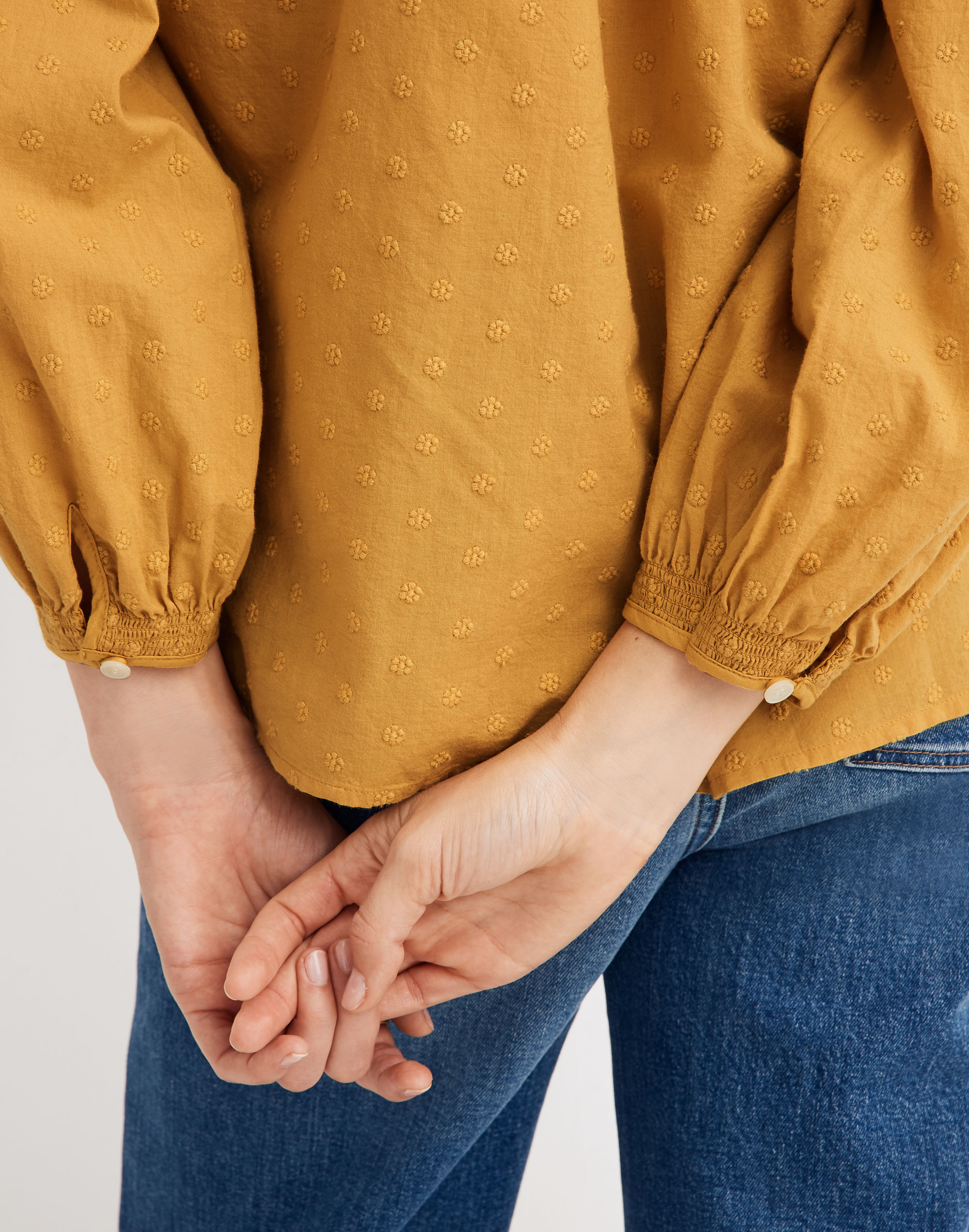 Floral Embroidered Smocked-Neck Raglan Top