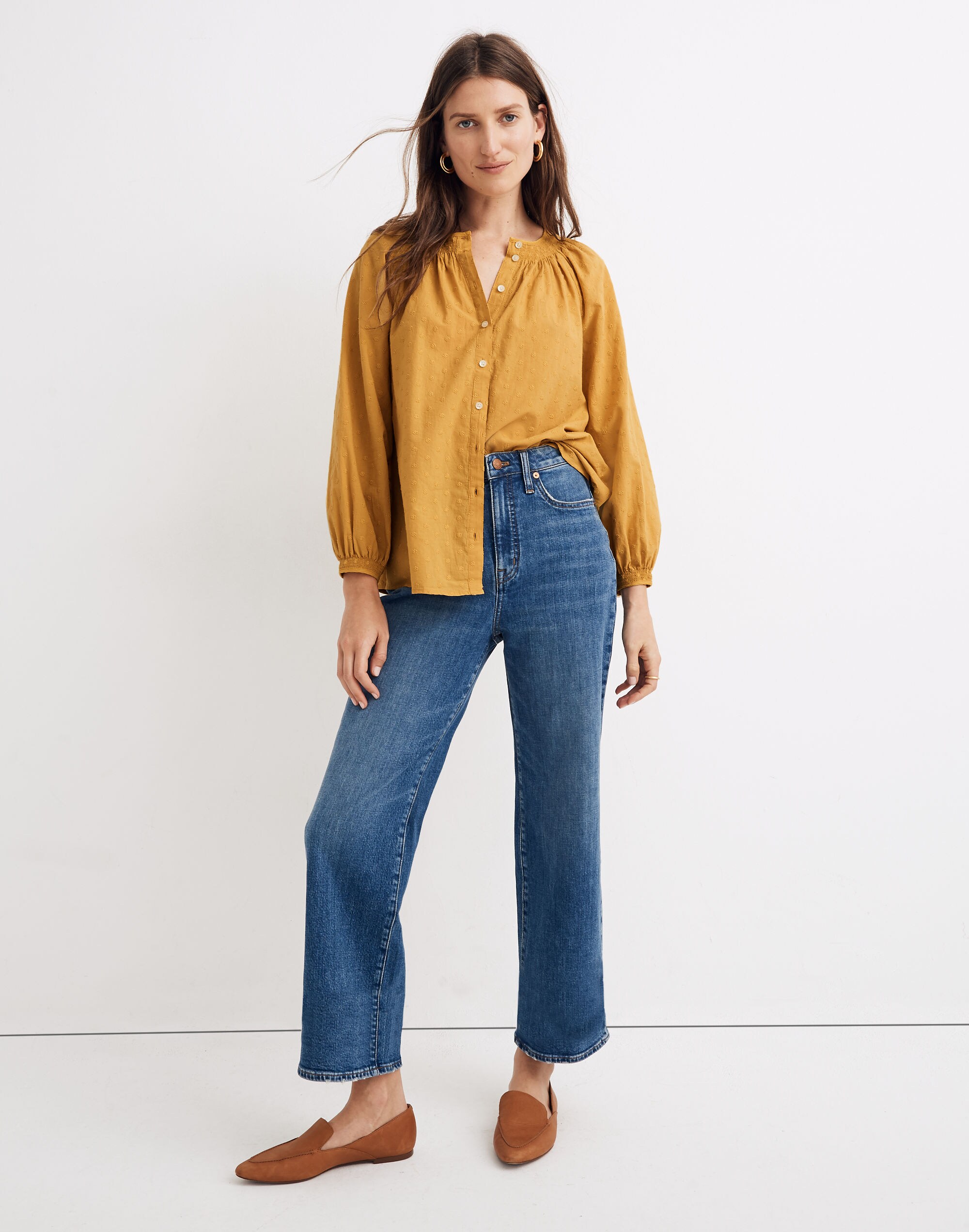 Floral Embroidered Smocked-Neck Raglan Top