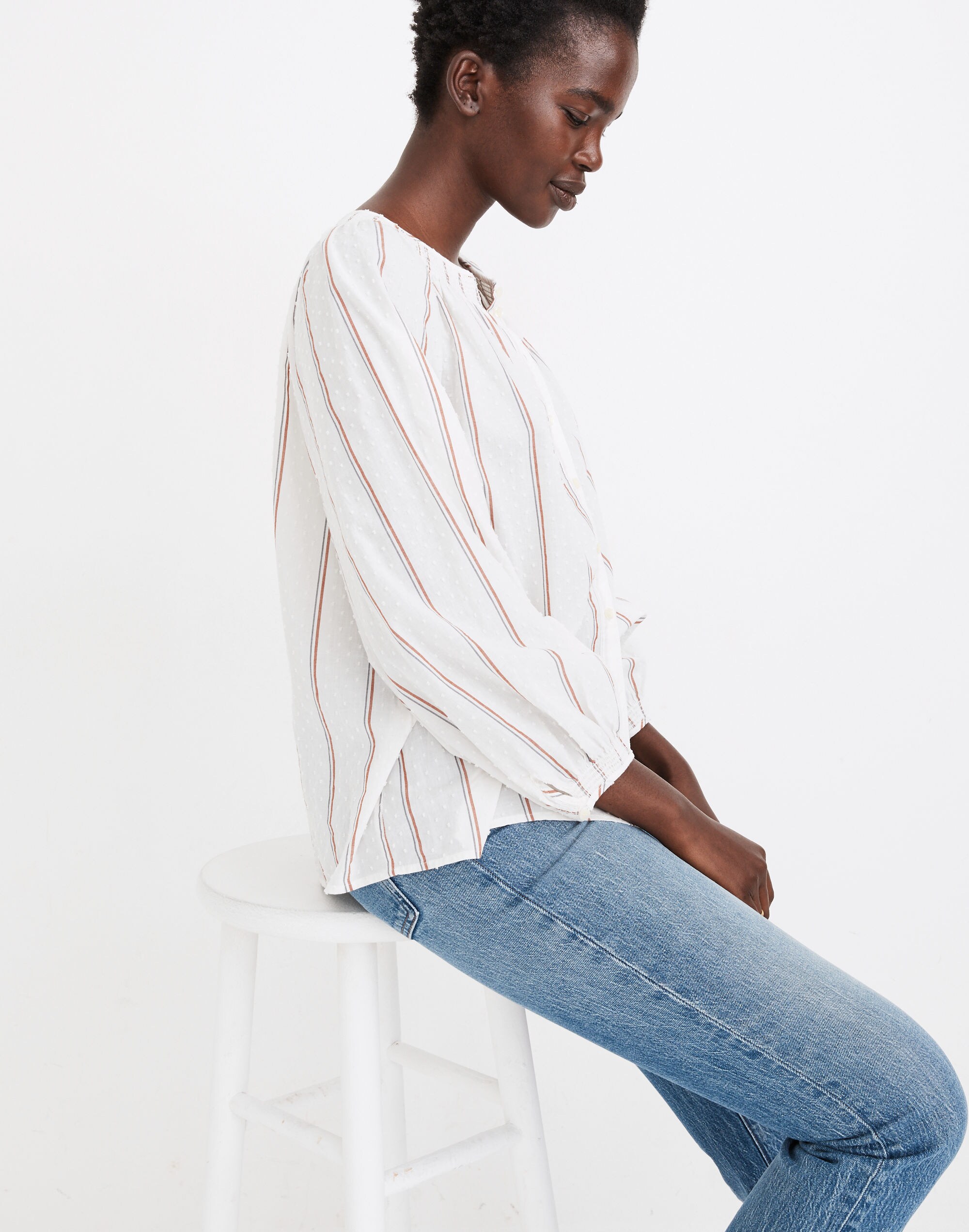 Smocked-Neck Raglan Top in Clipdot Stripe