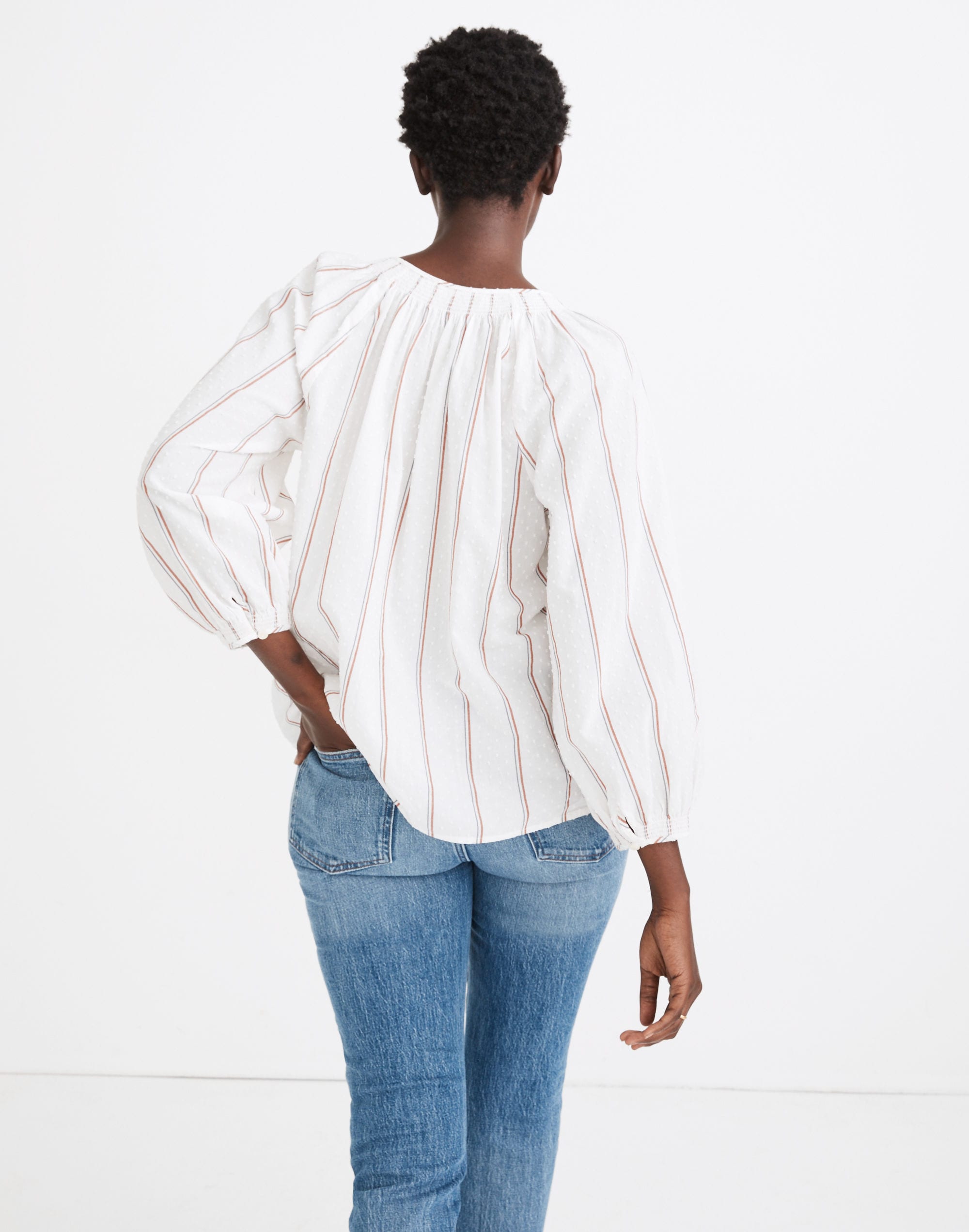 Smocked-Neck Raglan Top in Clipdot Stripe