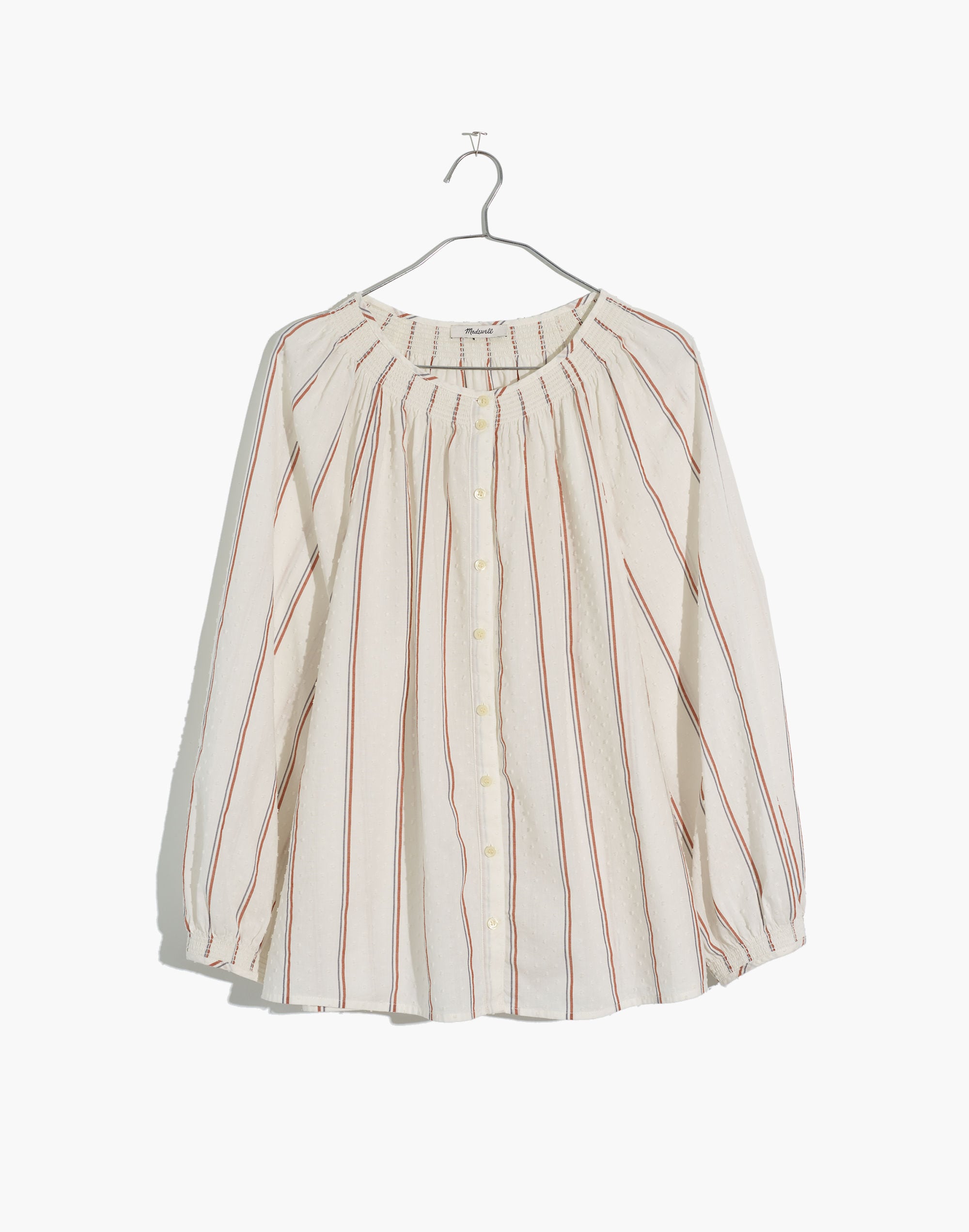 Smocked-Neck Raglan Top in Clipdot Stripe