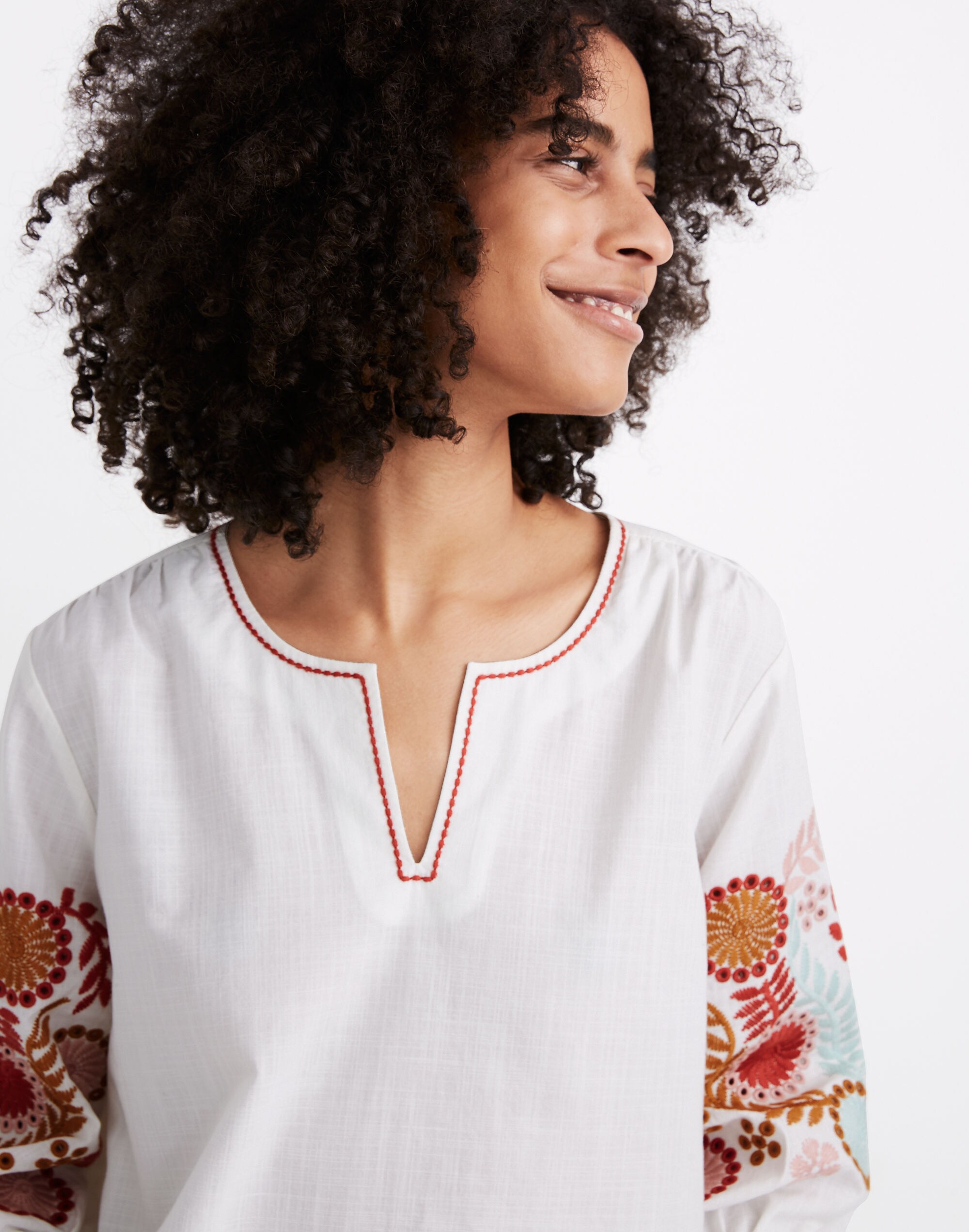 Embroidered-Sleeve Popover Top