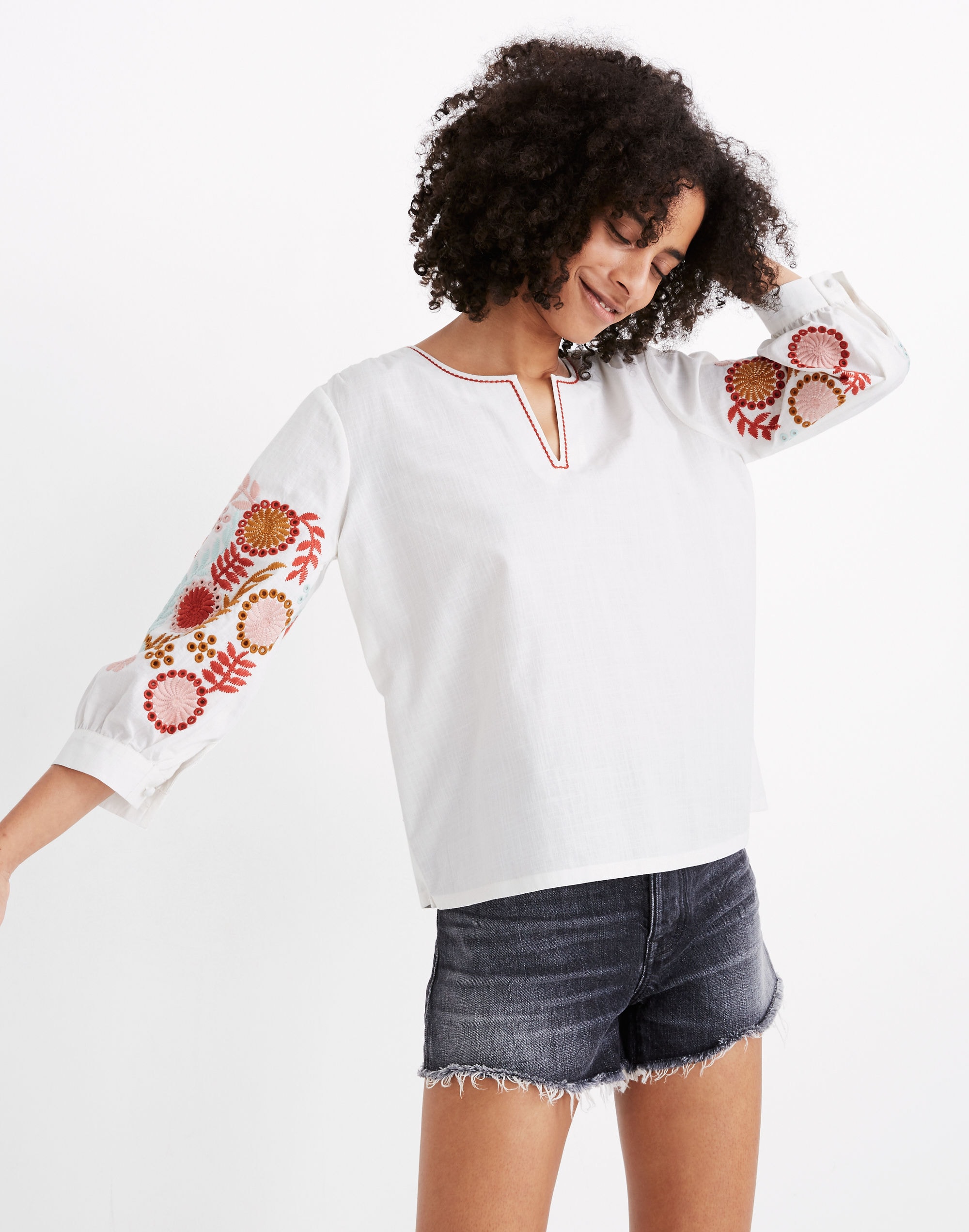 Embroidered-Sleeve Popover Top