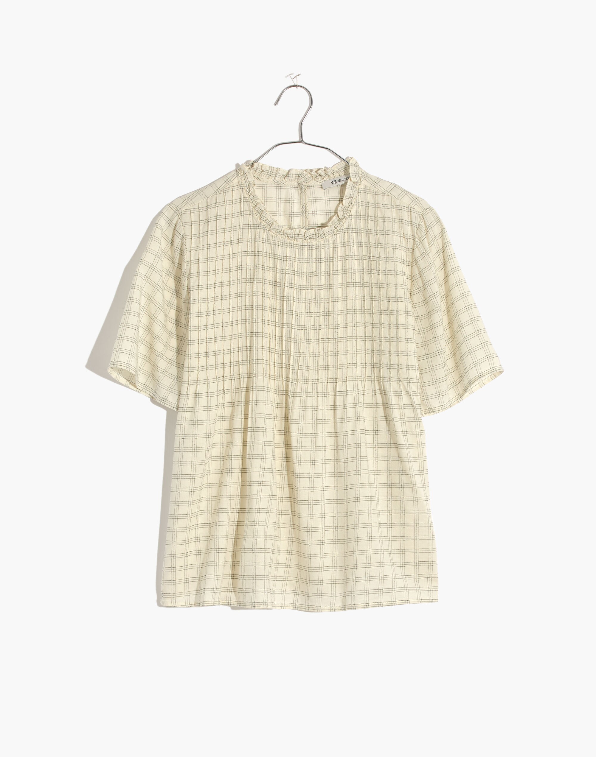 Ruffle-Collar Pintuck Top in Windowpane