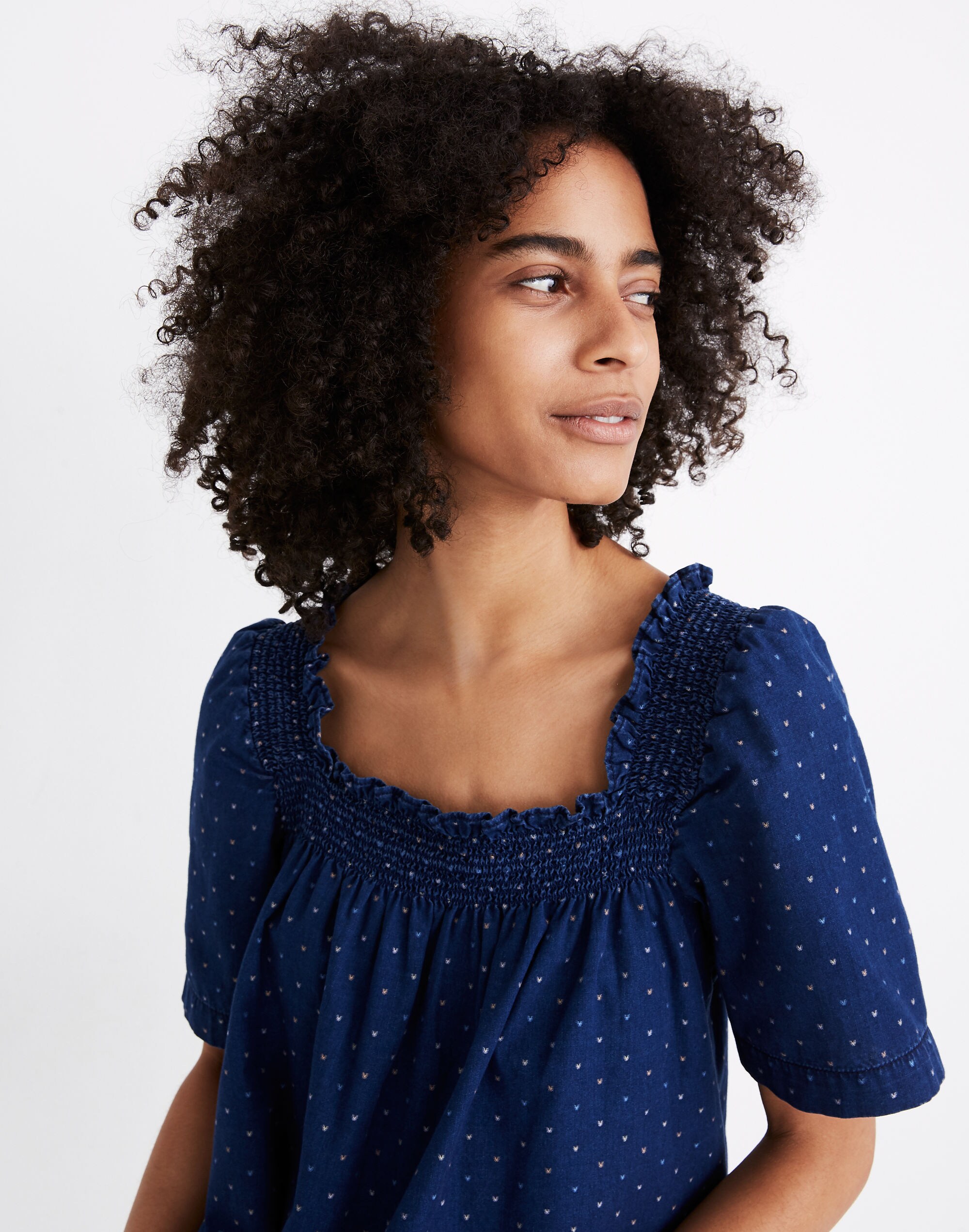 Indigo Square-Neck Smock Top in Rainbow Heart