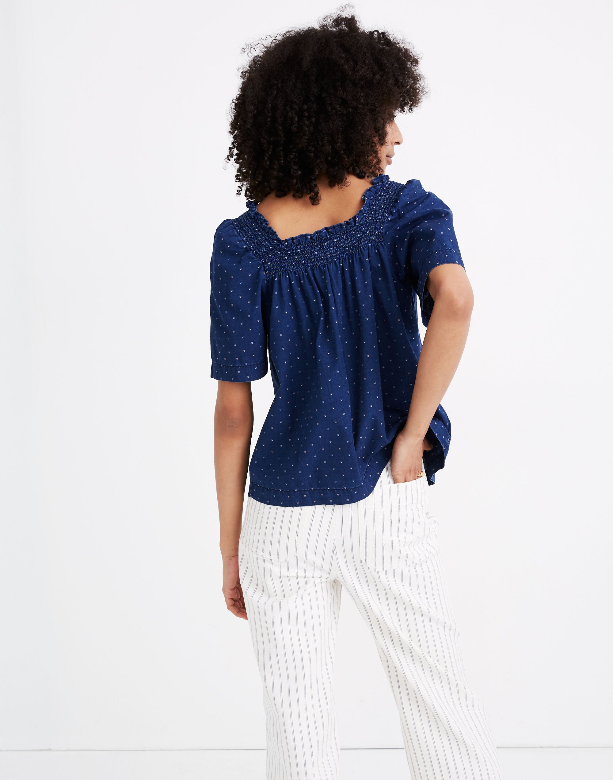 Indigo Square-Neck Smock Top in Rainbow Heart