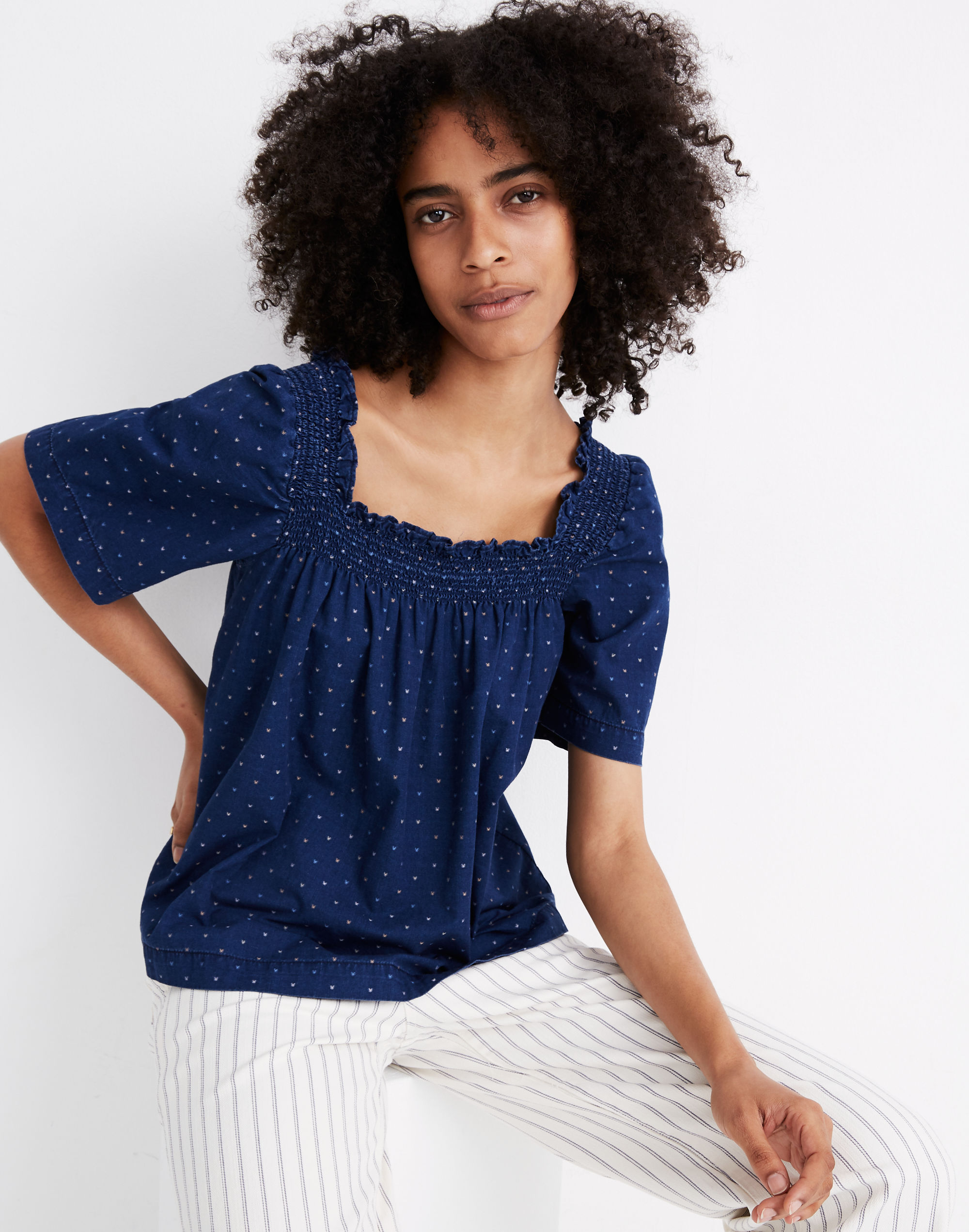 indigo square-neck smock top in rainbow heart