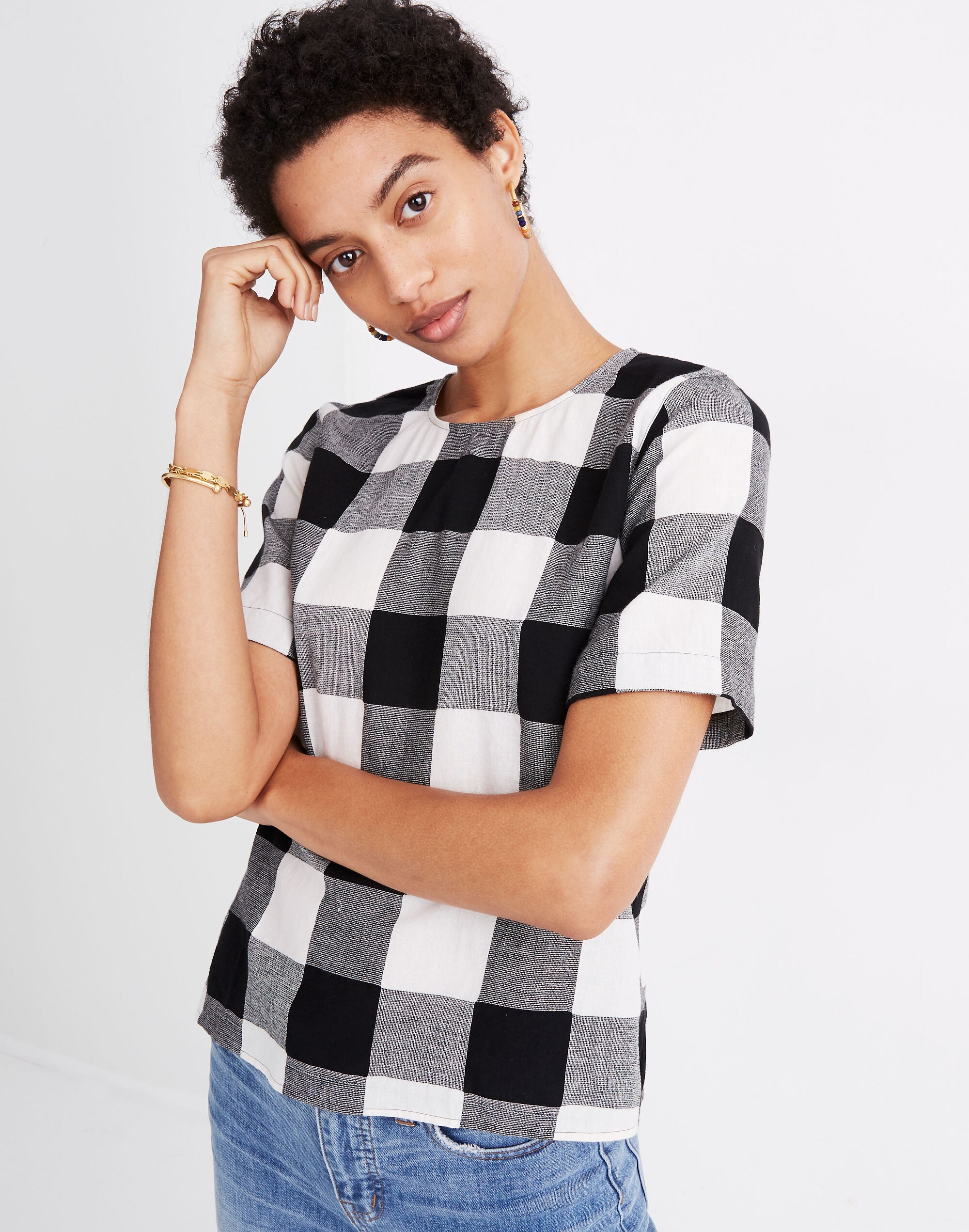 Boxy Button-Back Top in Gingham Check