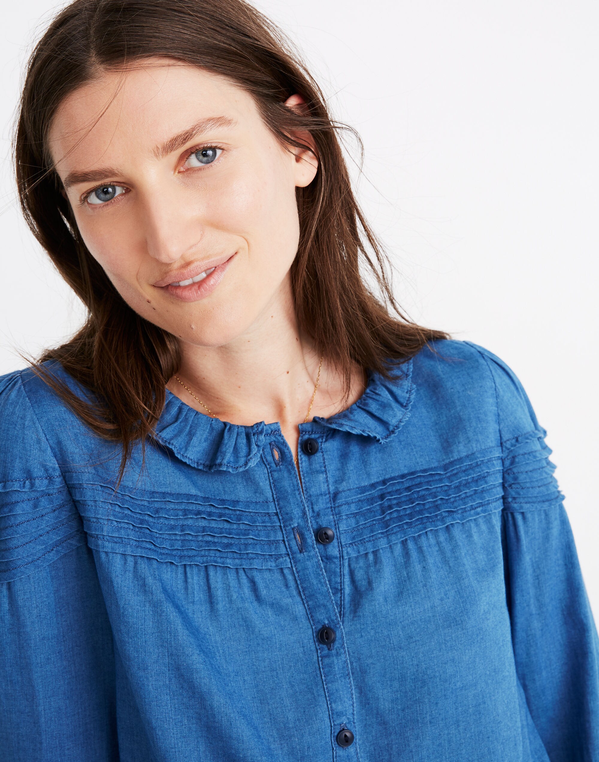 Indigo Ruffle-Collar Pintuck Popover Top