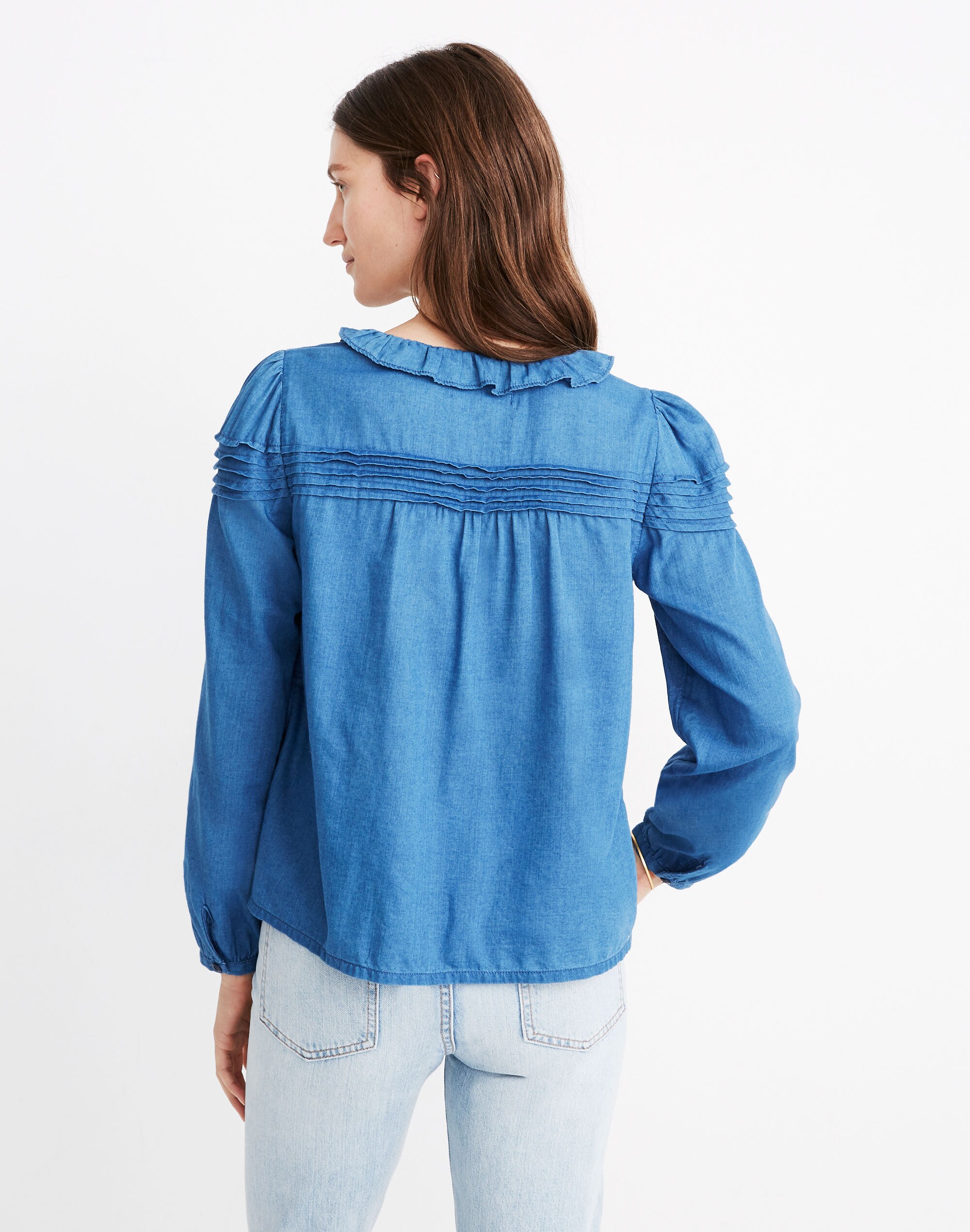 Indigo Ruffle-Collar Pintuck Popover Top