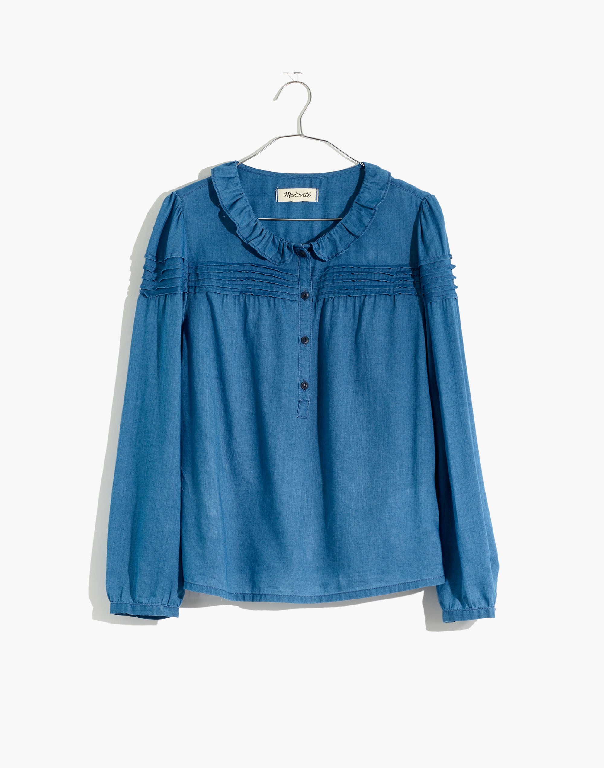 Indigo Ruffle-Collar Pintuck Popover Top