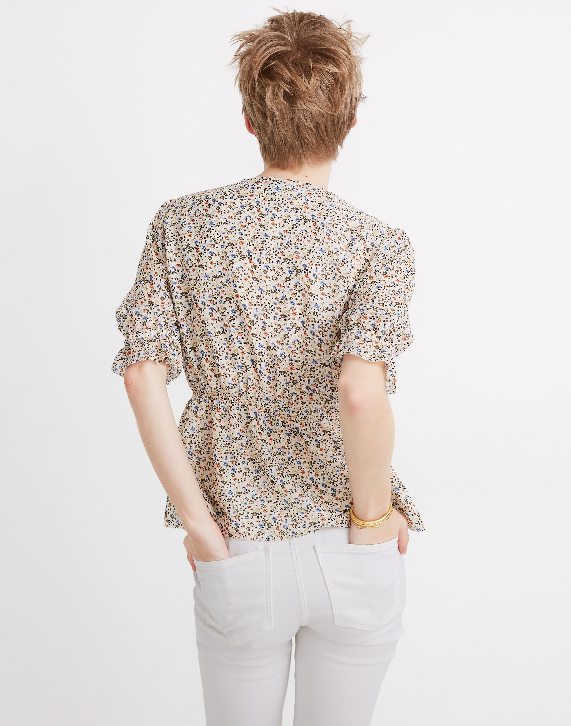 Silk V-Neck Peplum Popover Top in Fieldwalk Floral