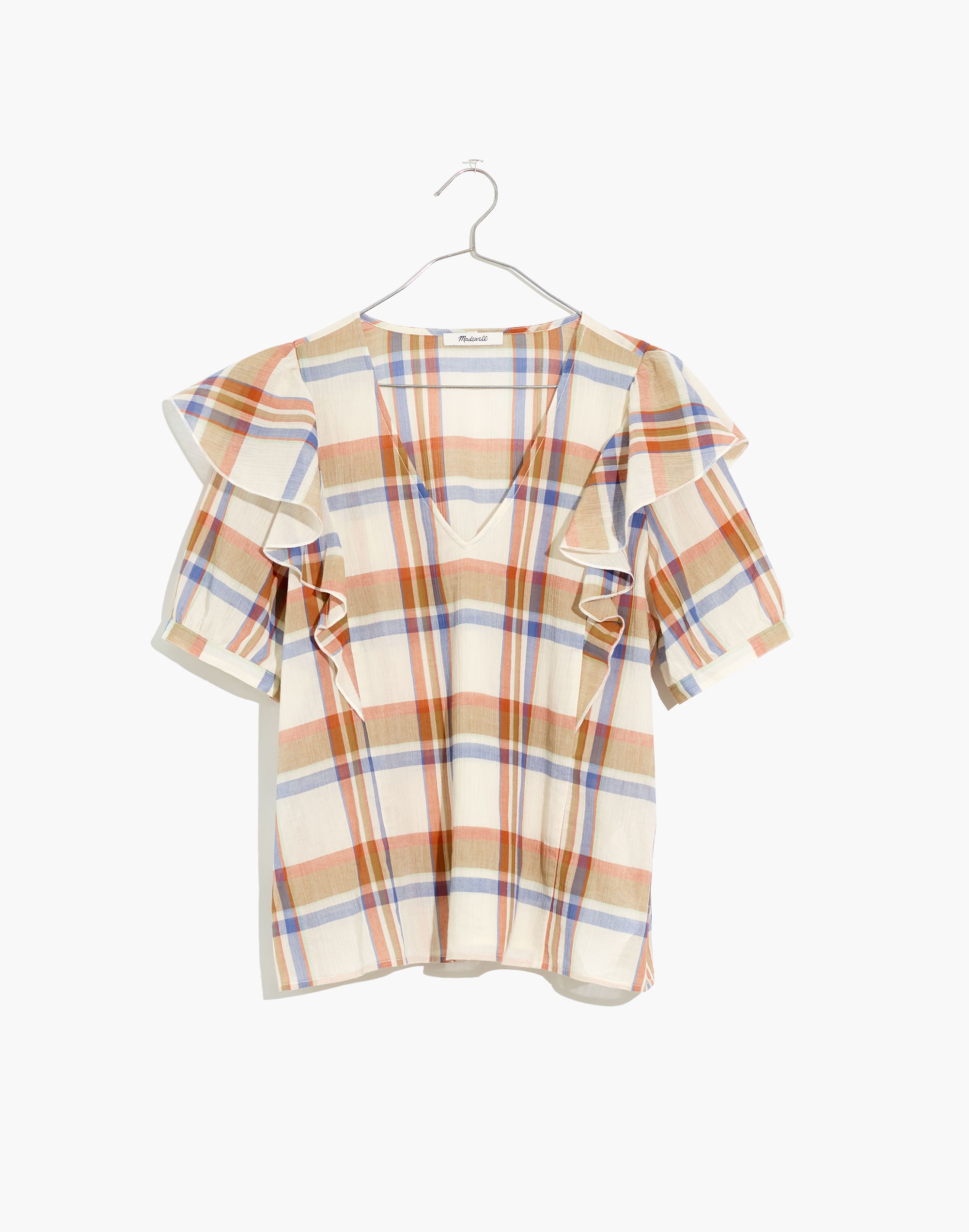 V-Neck Shoulder-Ruffle Top in Plaid