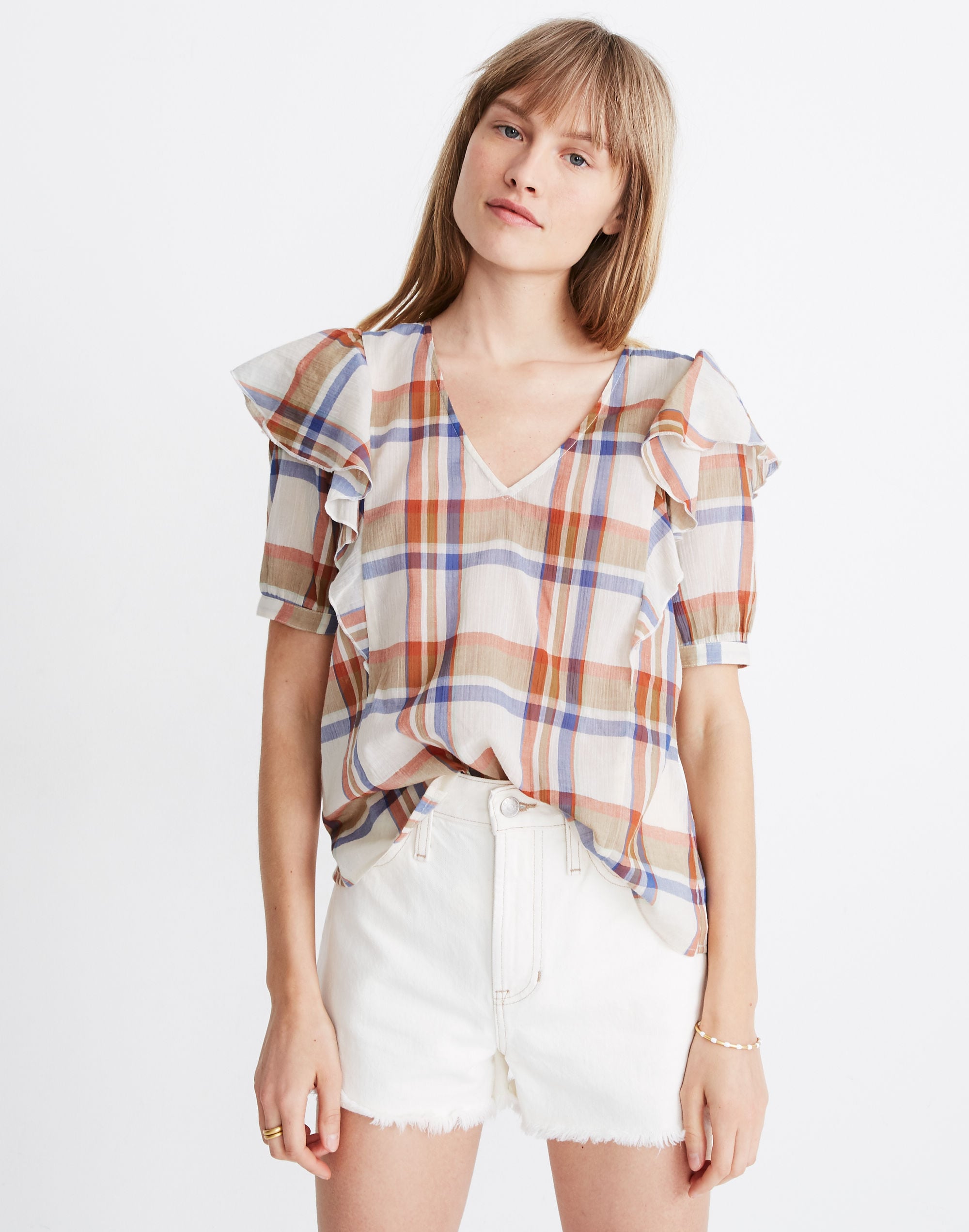 v-neck shoulder-ruffle top in plaid