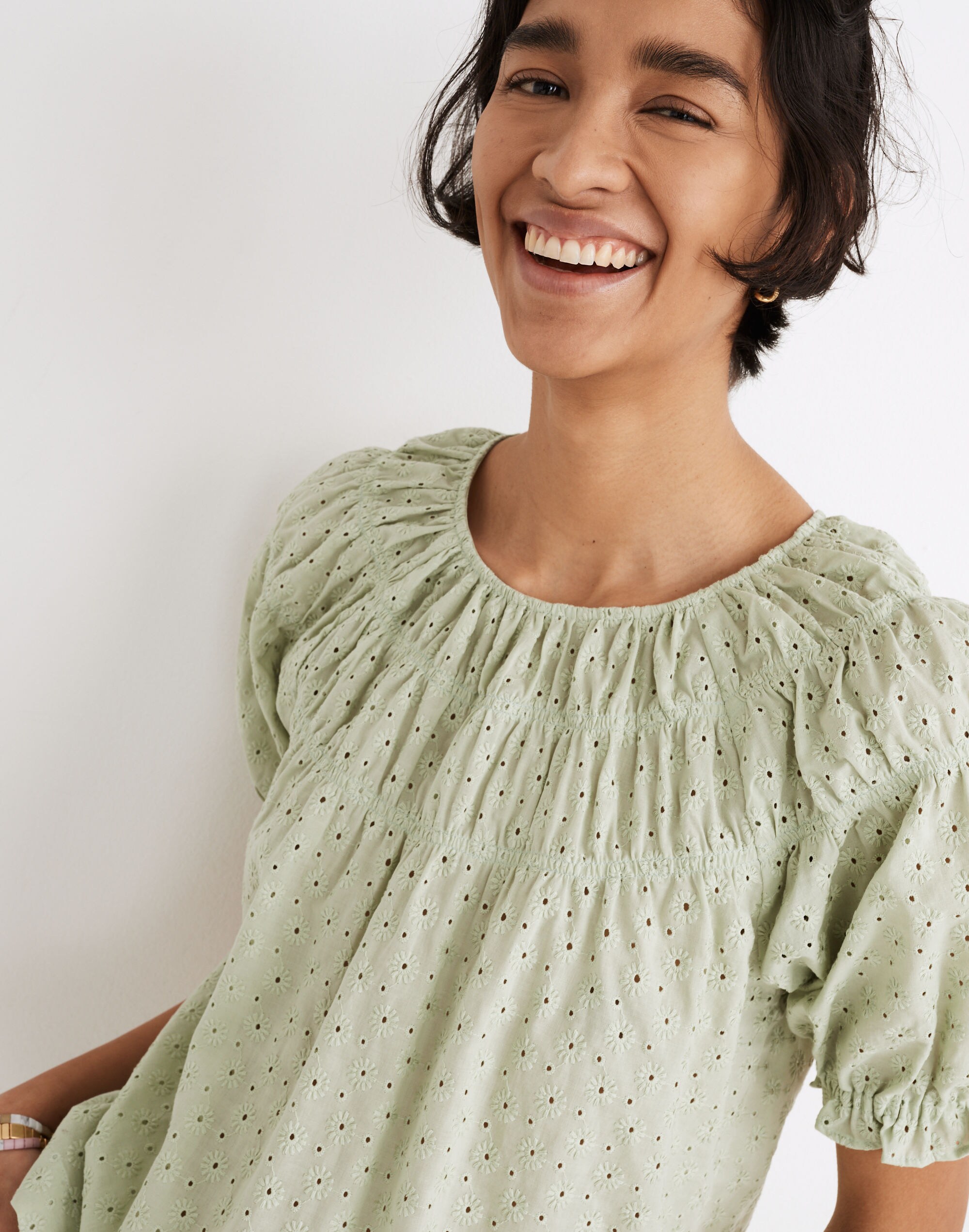 Daisy Embroidered Shirred Puff-Sleeve Top