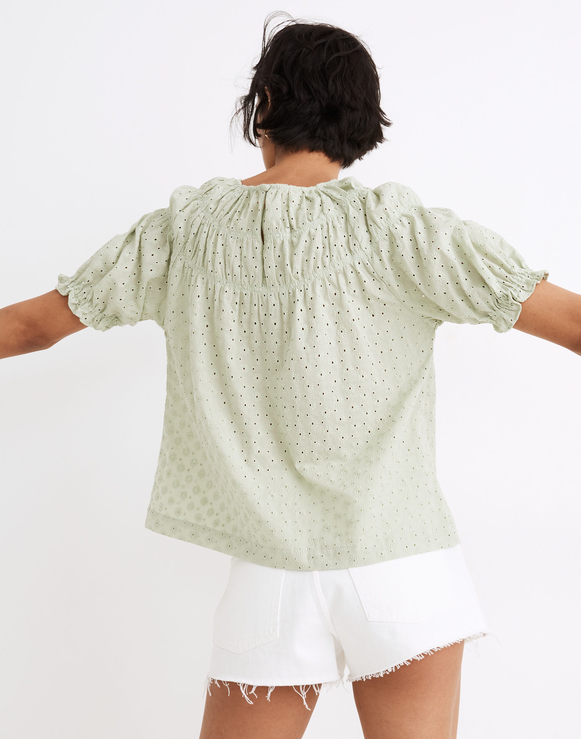Daisy Embroidered Shirred Puff-Sleeve Top