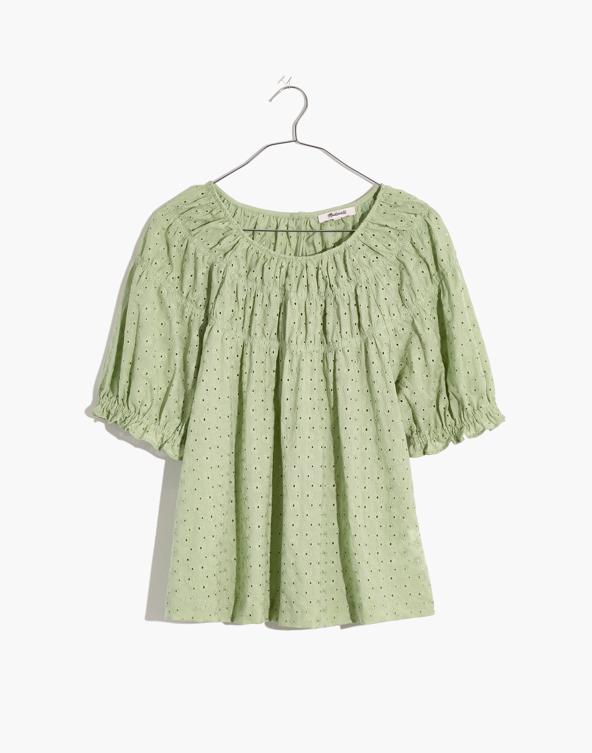 Daisy Embroidered Shirred Puff-Sleeve Top