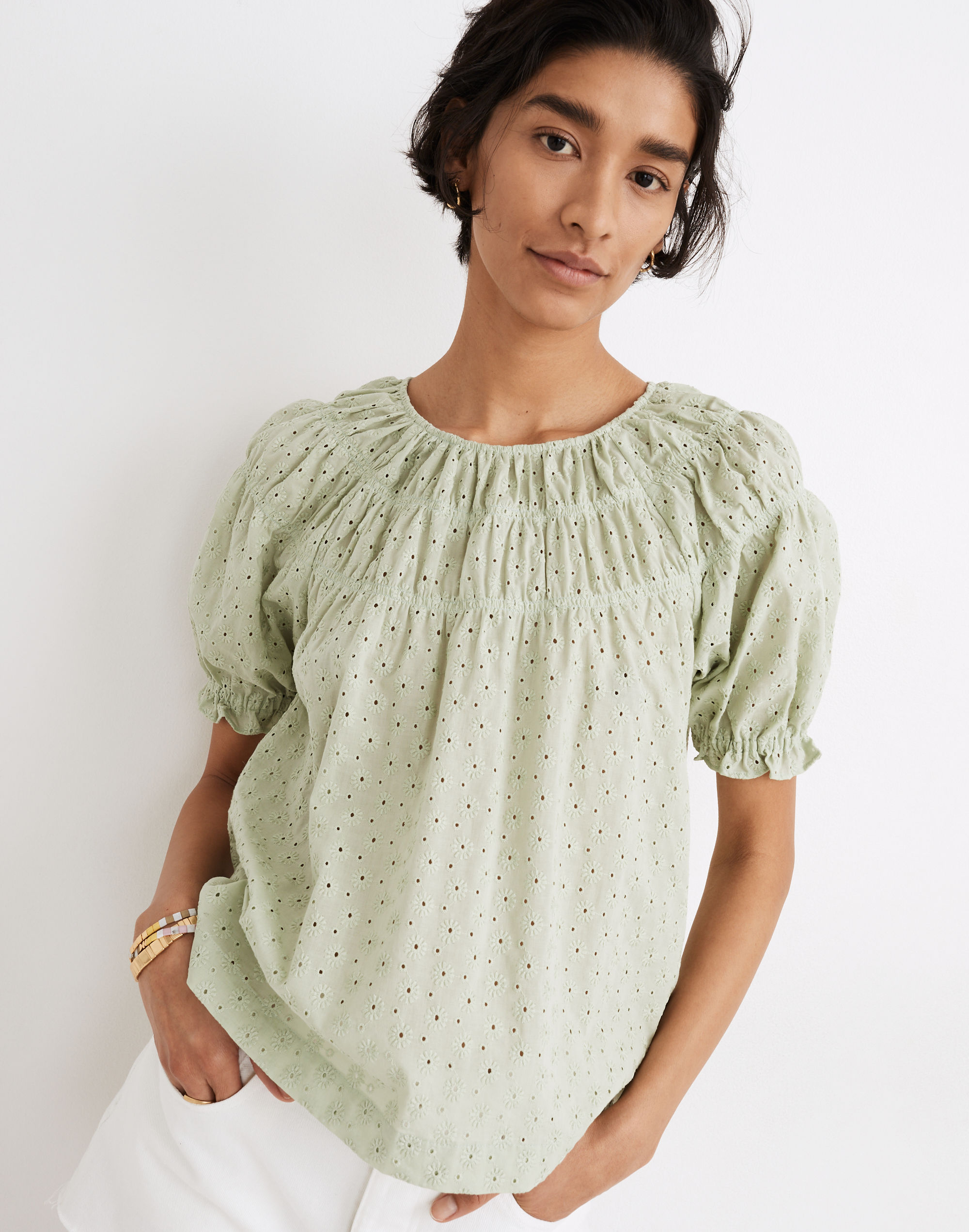 Daisy Embroidered Shirred Puff-Sleeve Top